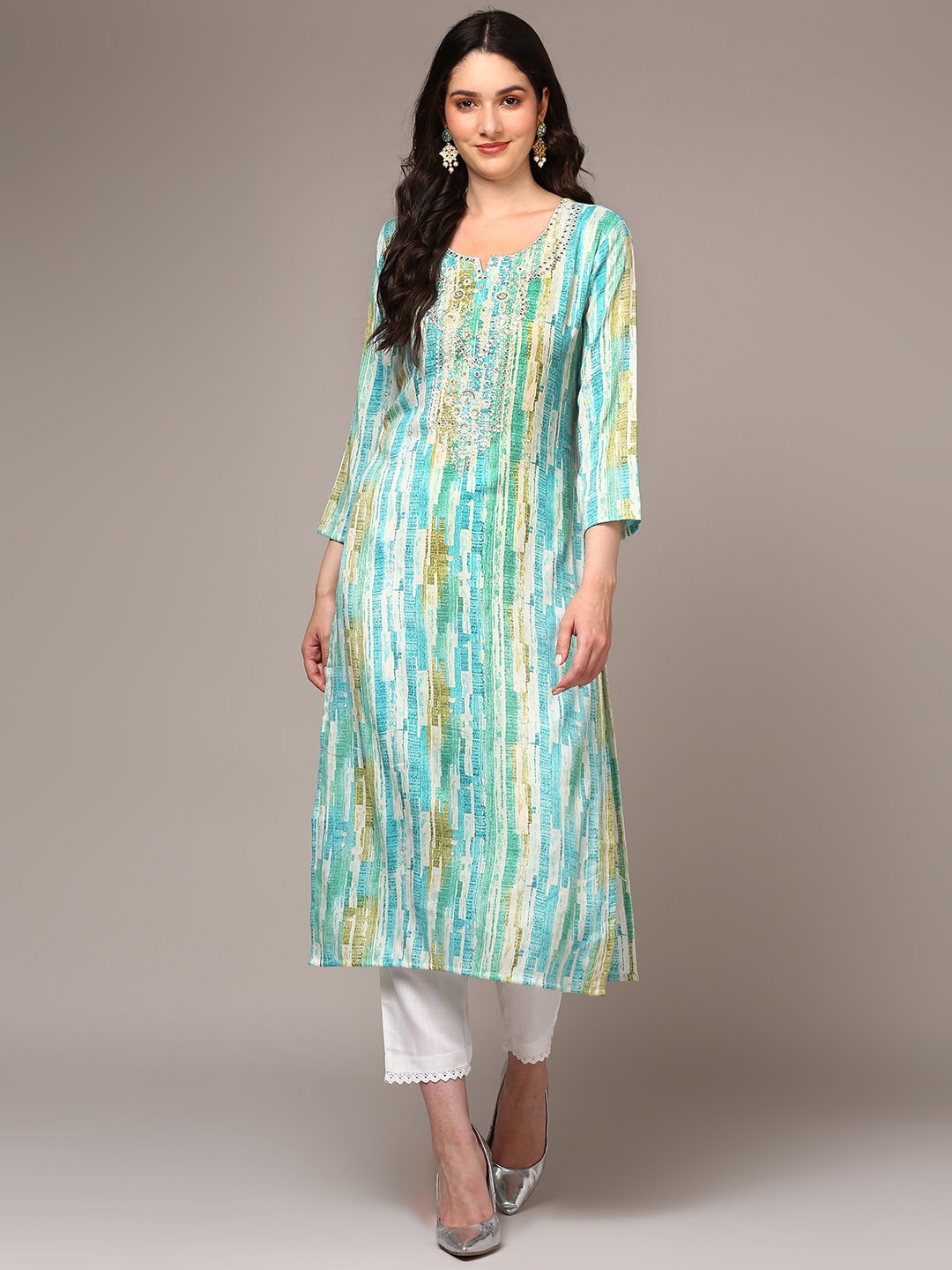 

AHIKA Abstract Printed Round Neck Straight Kurta, Blue