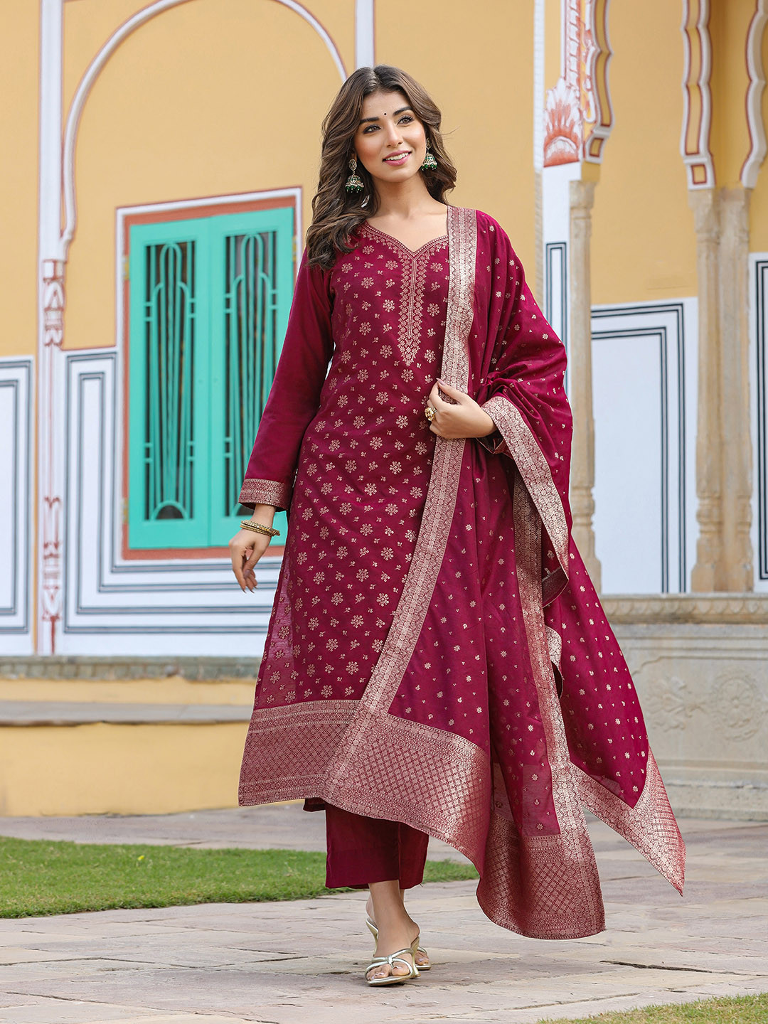 

AHIKA Woven Design Straight Kurta & Trousers With Dupatta, Red