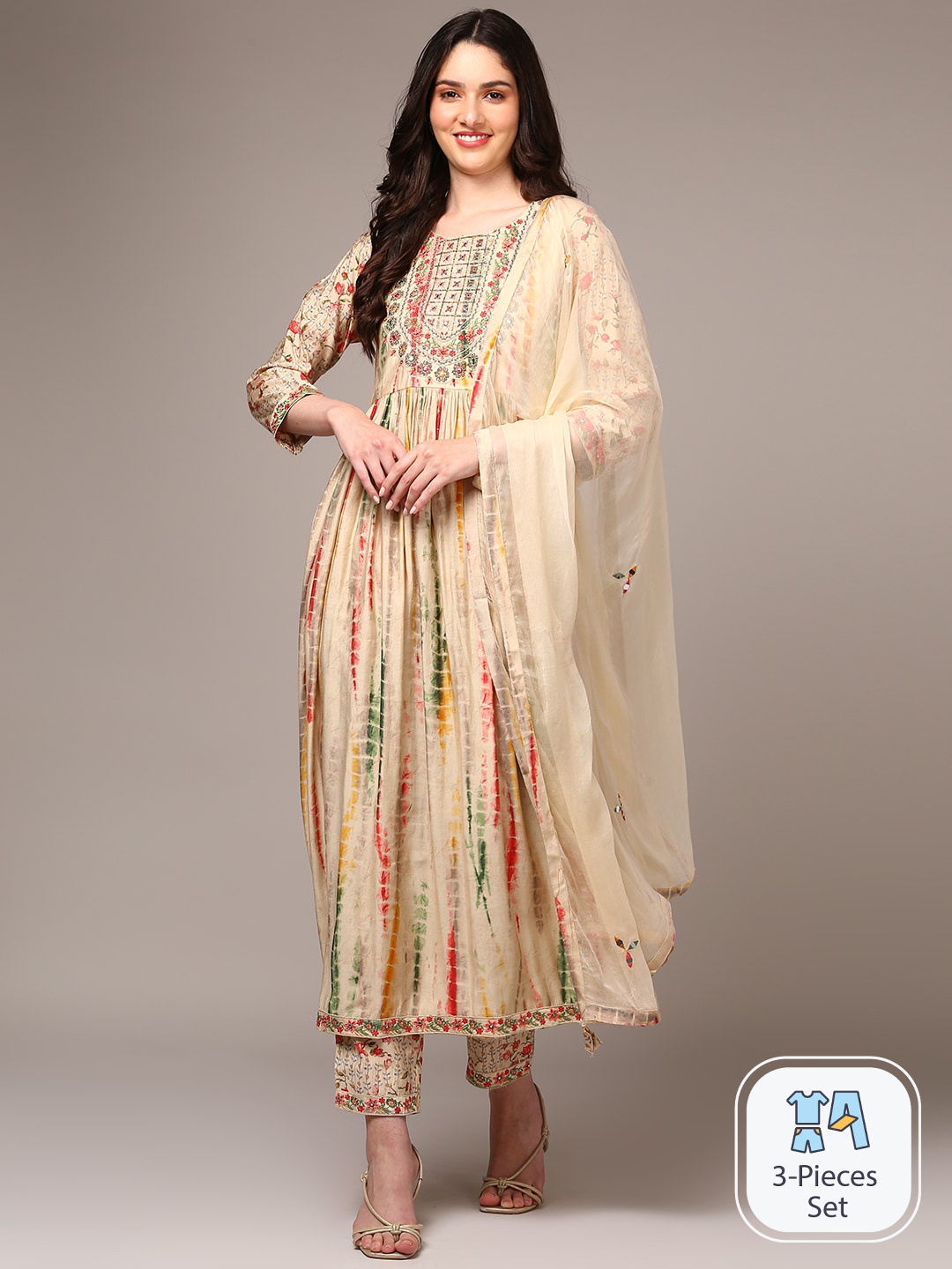 

AHIKA Ombre Printed Mirror Work Kurta With Trousers & Dupatta, Beige