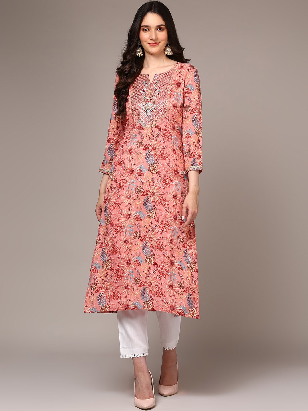 

AHIKA Floral Printed Thread Work Kurta, Pink