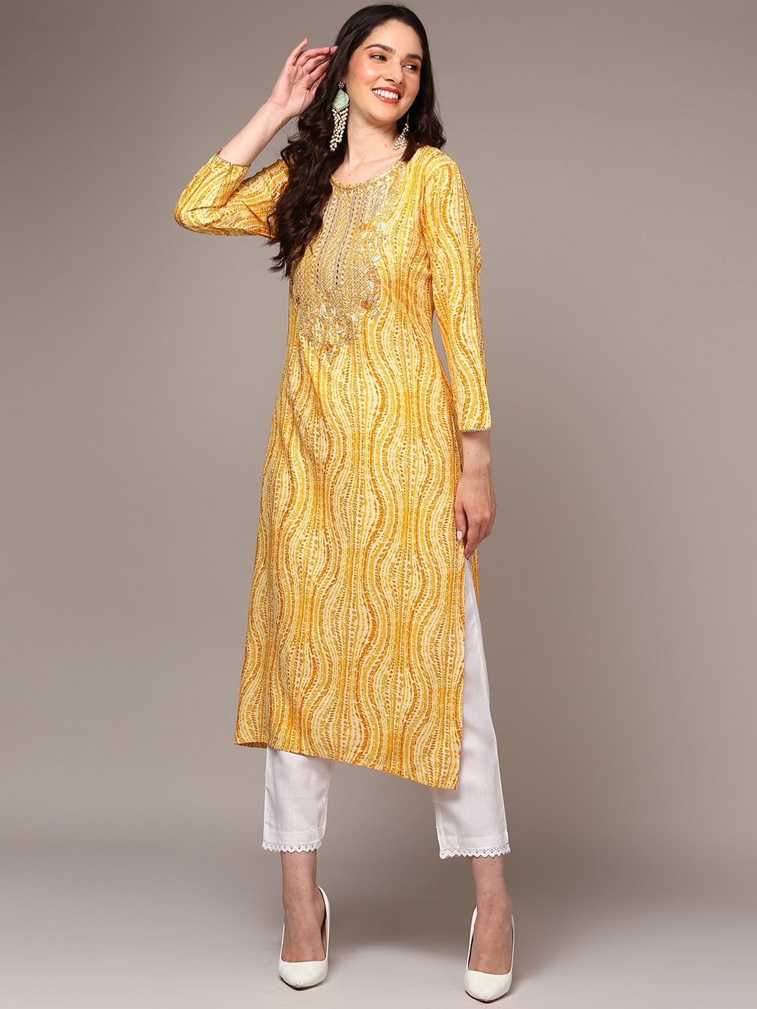 

AHIKA Striped Thread Work Kurta, Yellow