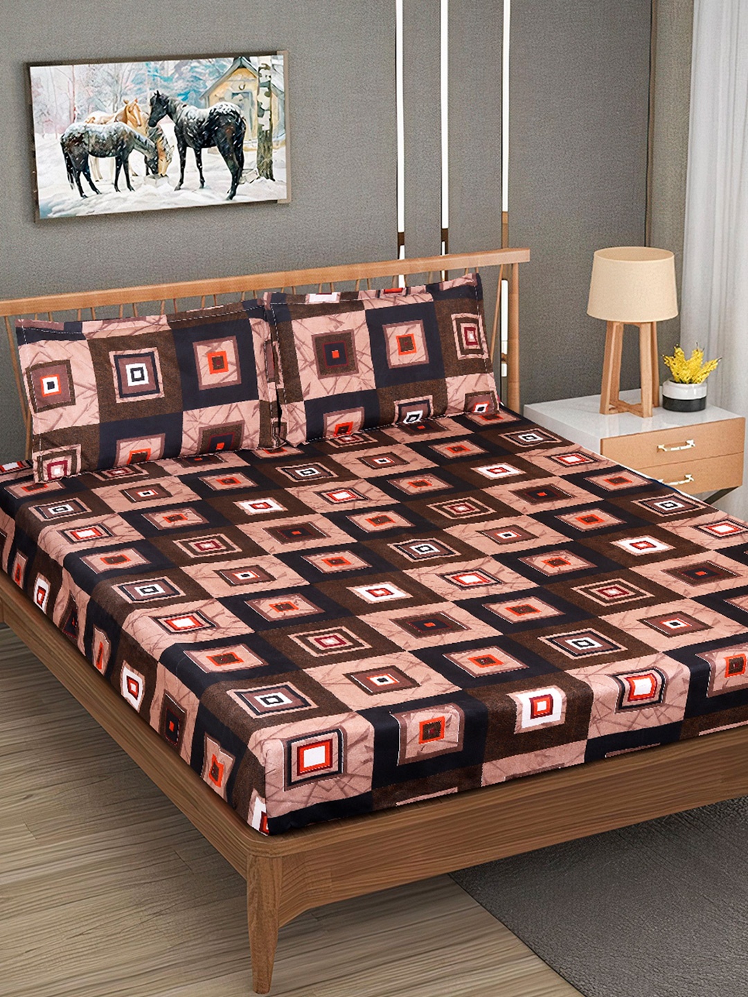 

ROMEE Brown & Black Geometric Microfiber 144 TC Queen Bedsheet With 2 Pillow Covers