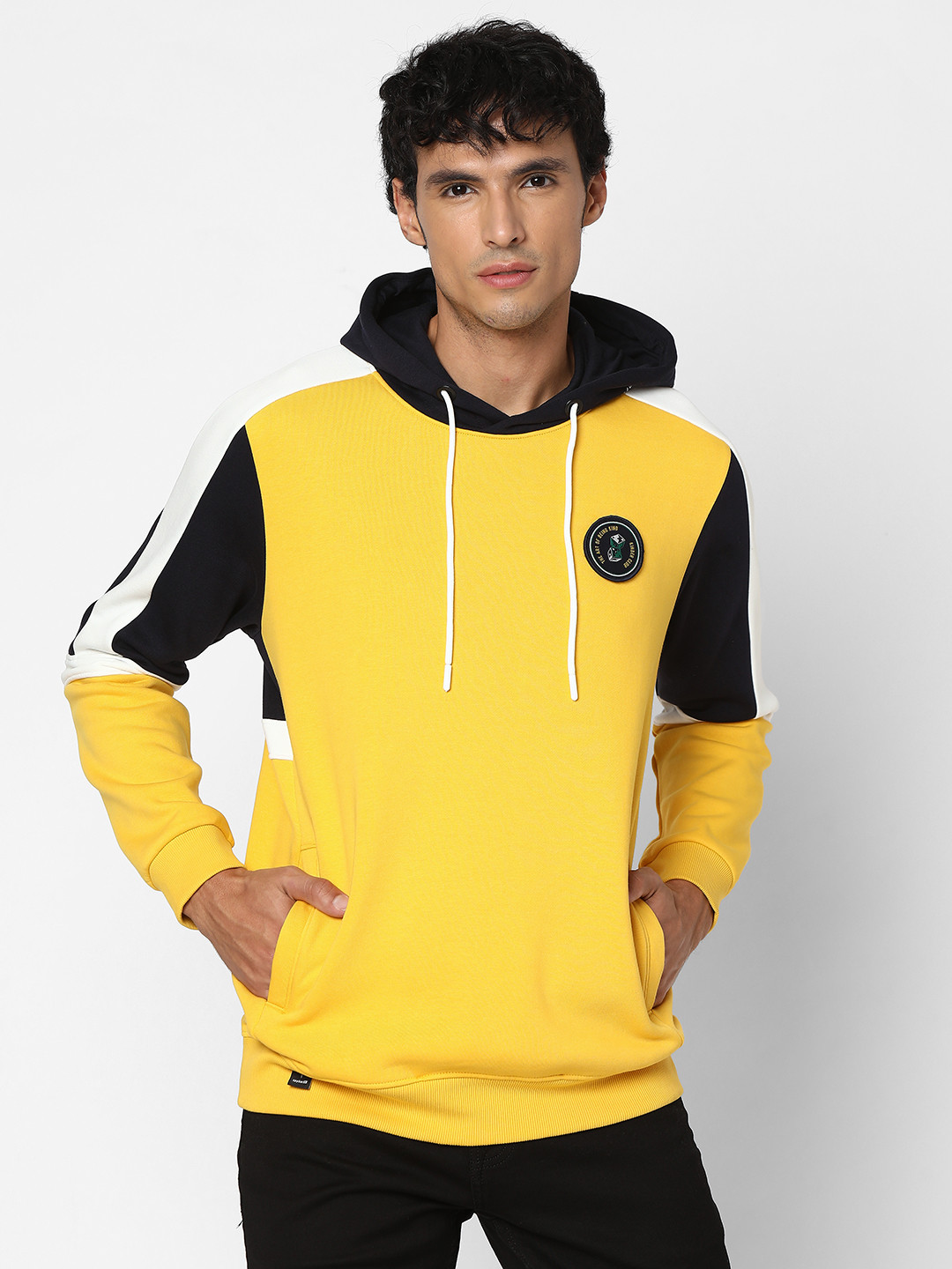 

SPYKAR Men Yellow Colourblocked Hooded Sweatshirt