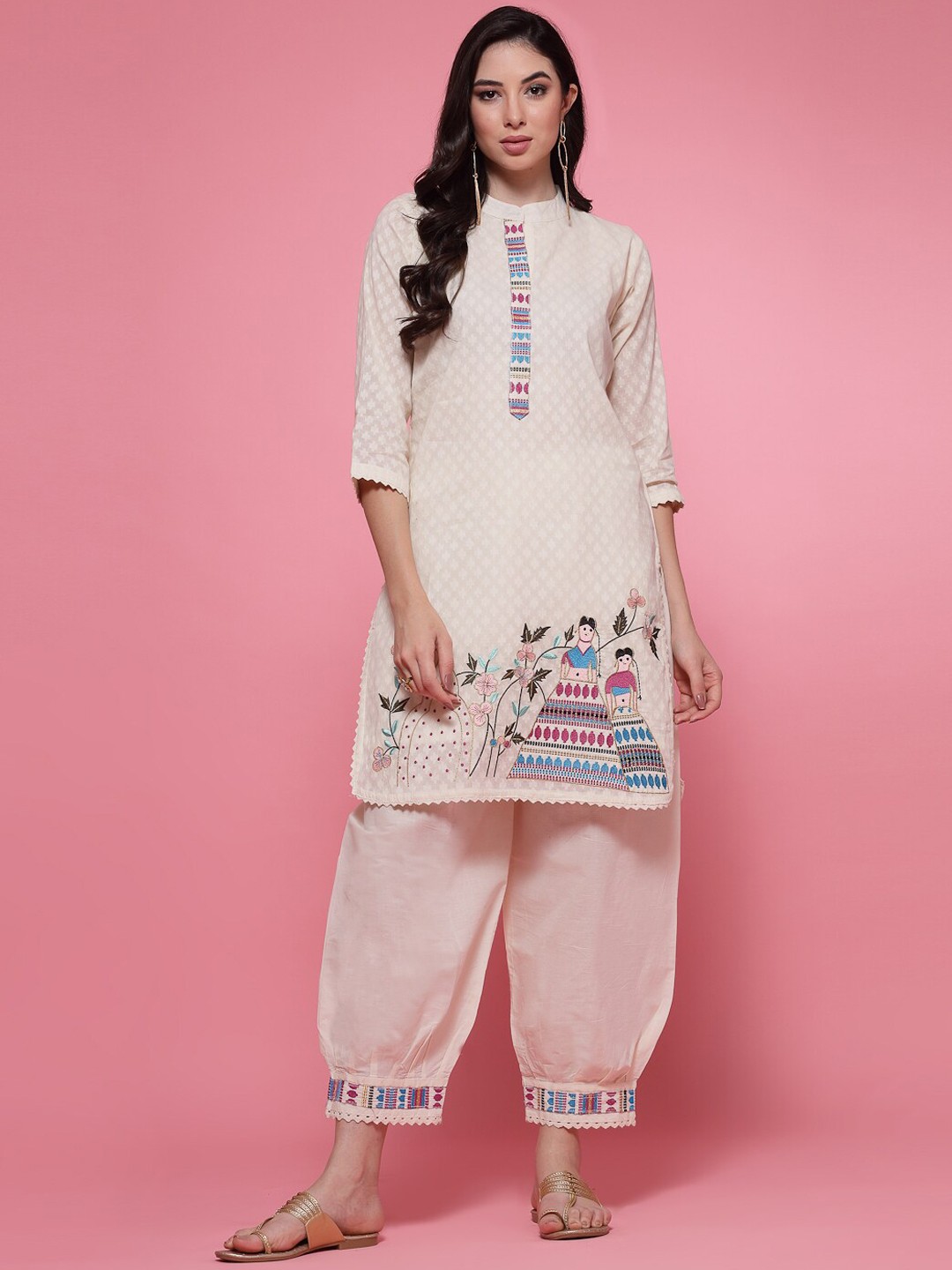 

Clora Creation Ethnic Motifs Woven Design Pure Cotton Straight Kurta With Salwar, Off white