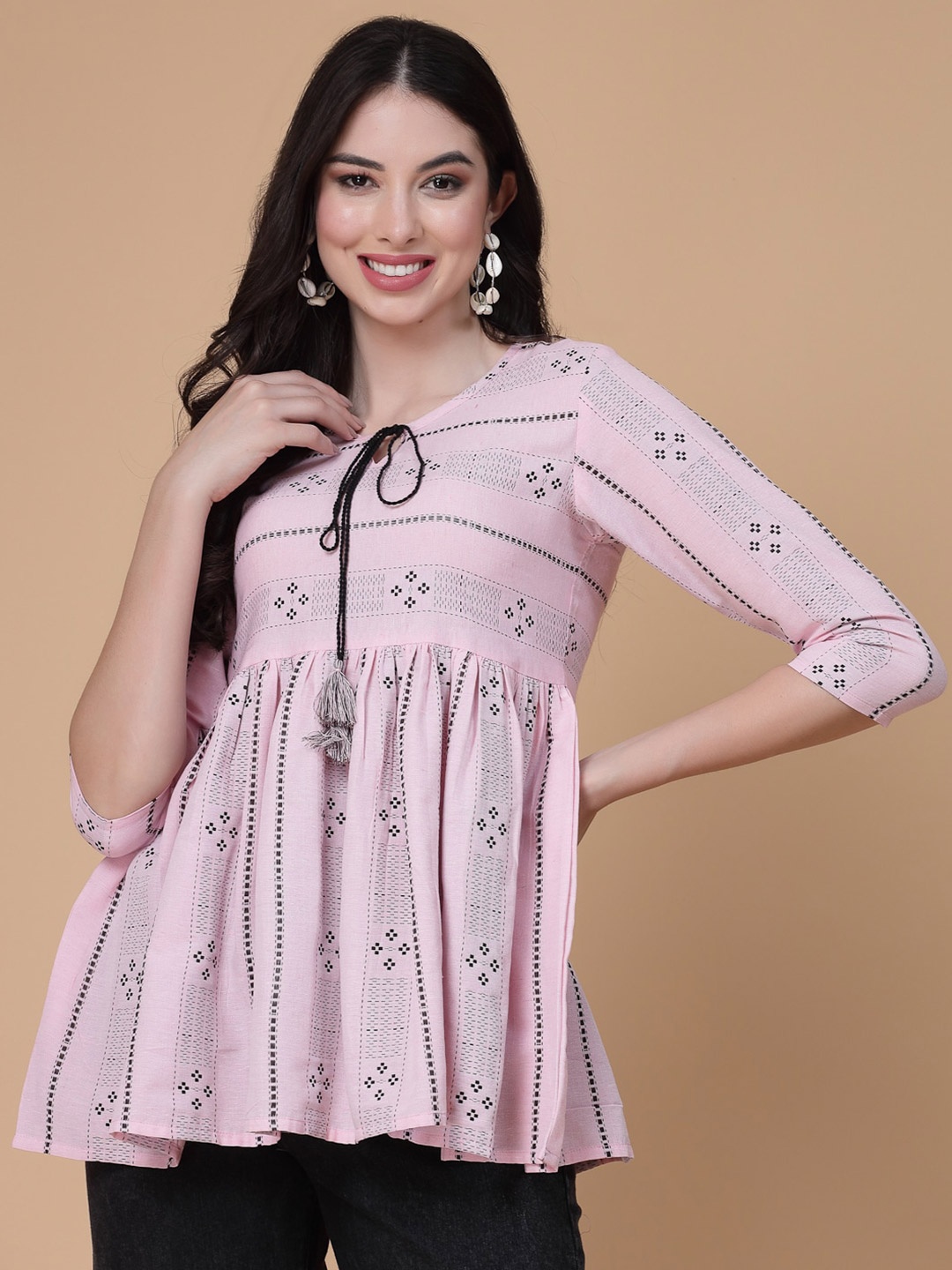 

God Bless Printed Tie-Up Neck Cotton Empire Top, Pink
