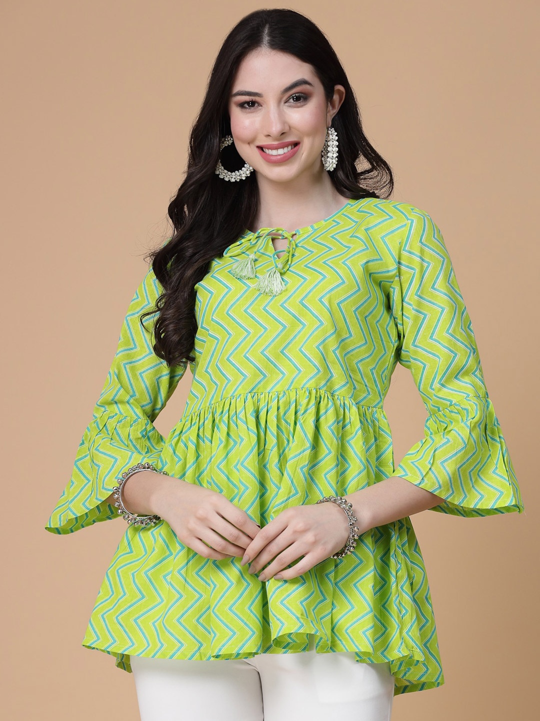 

God Bless Geometric Print Tie-Up Neck Bell Sleeve Cotton Empire Top, Green