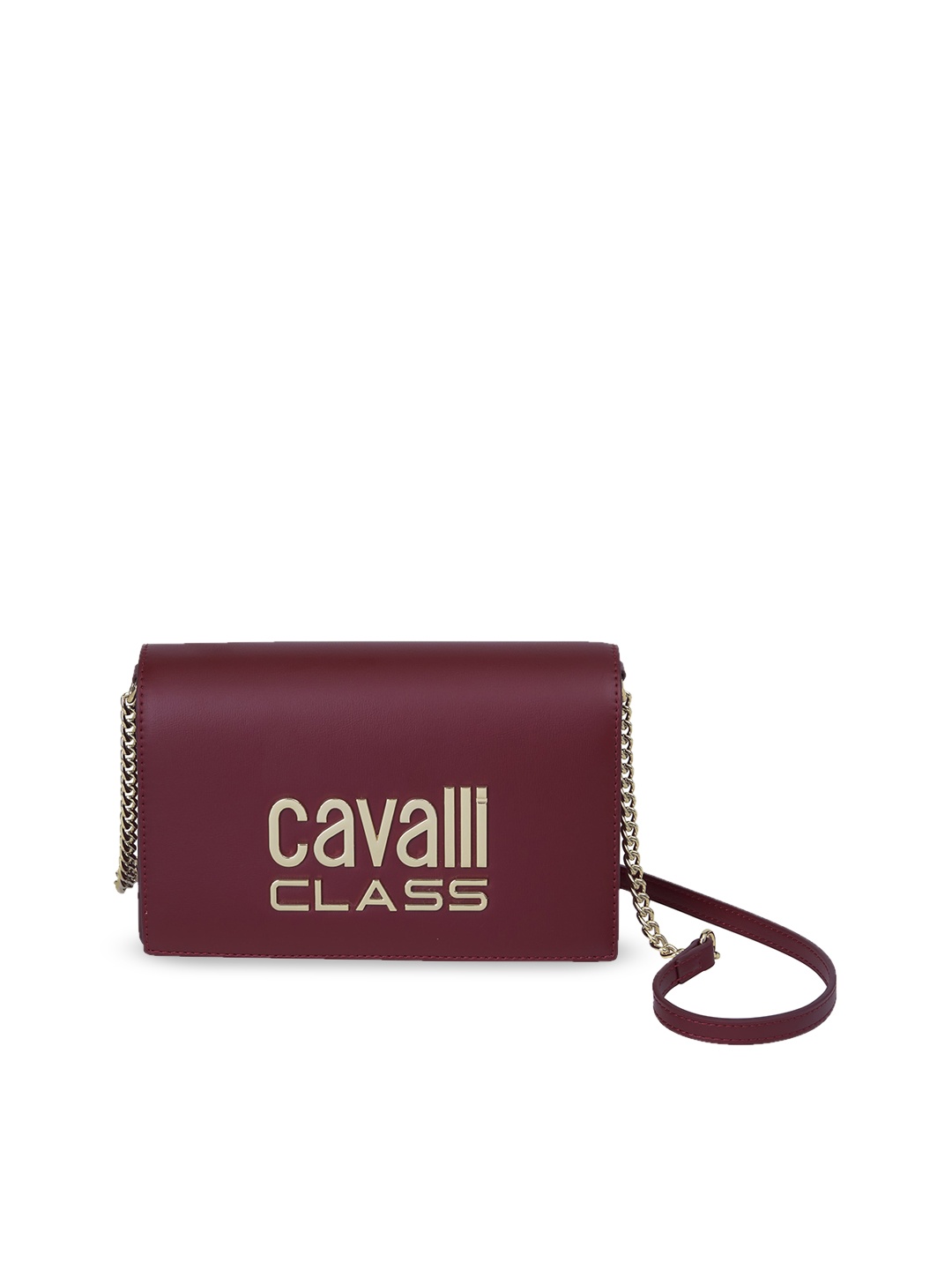 

Cavalli Class Typography Printed Structured Sling Bag, Burgundy