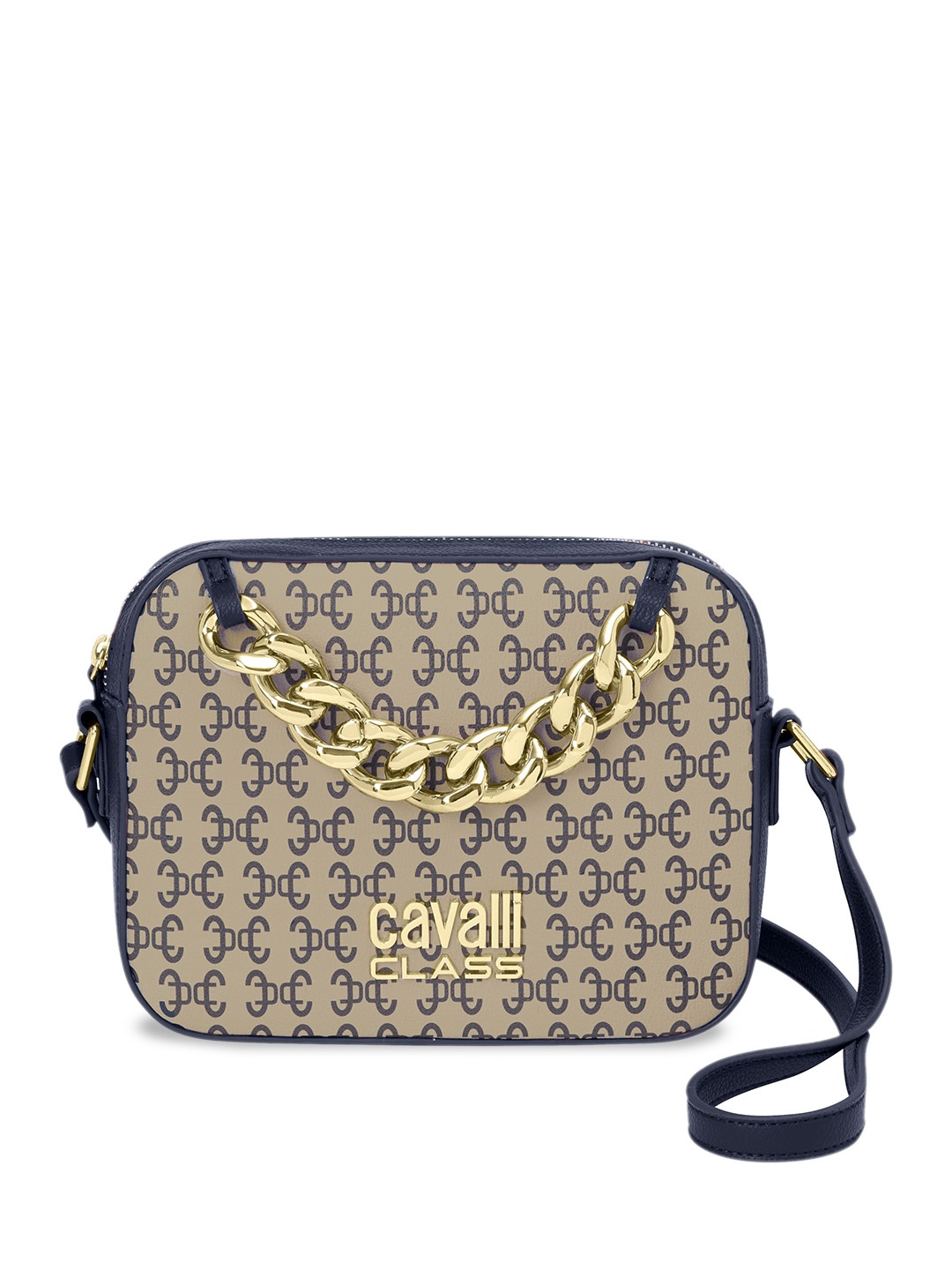 

Cavalli Class Typography Printed Structured Sling Bag, Cream
