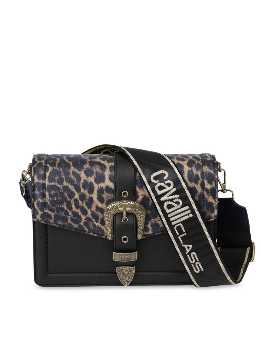 

Cavalli Class Animal Printed Structured Sling Bag, Black