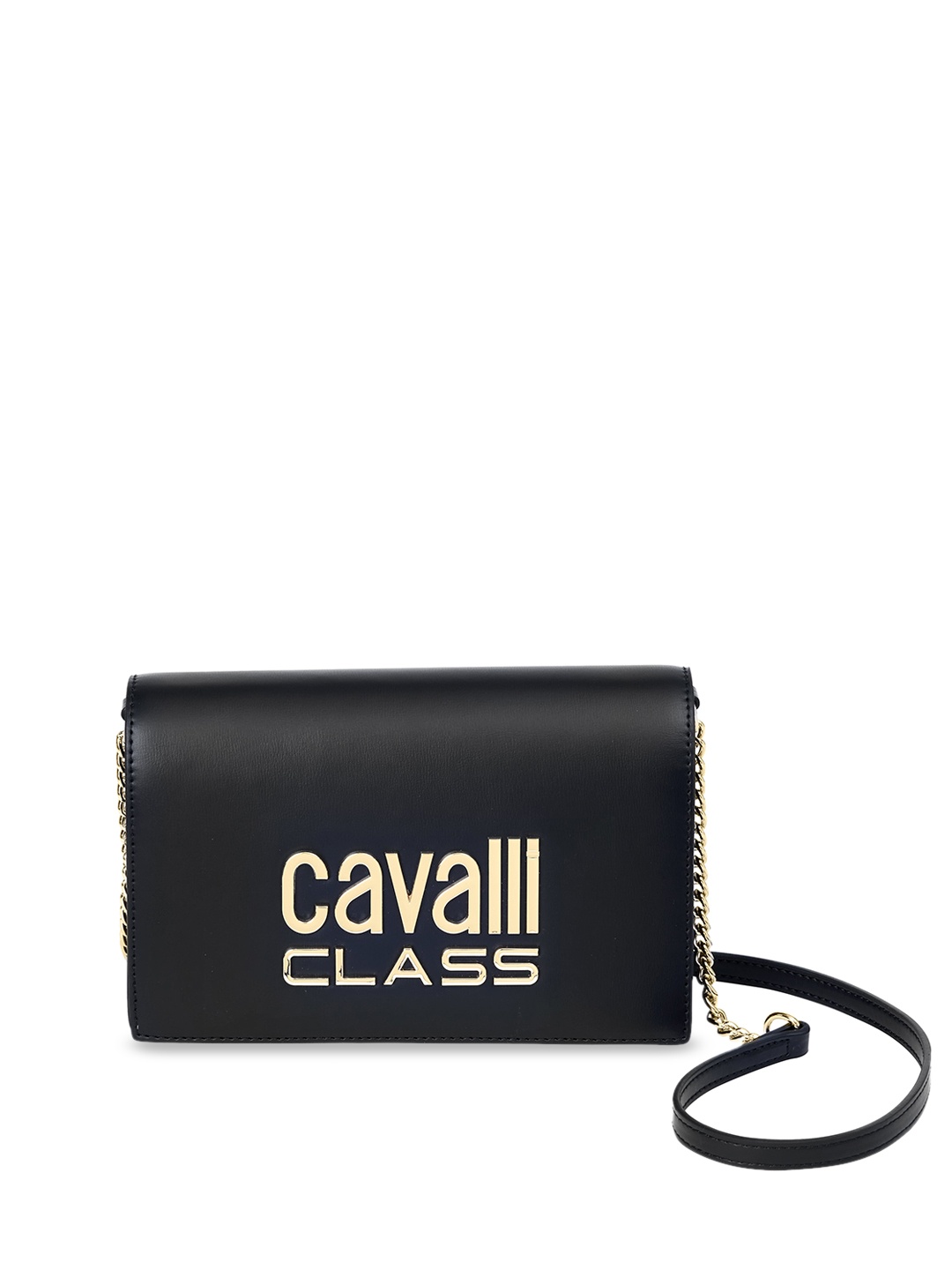 

Cavalli Class Typography Printed Structured Sling Bag, Black