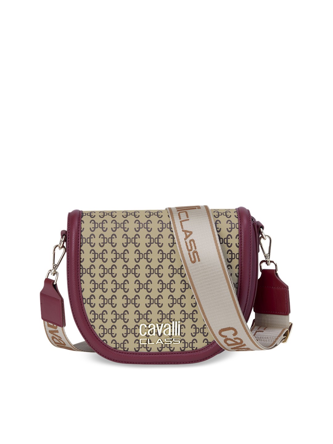 

Cavalli Class Typography Printed Half Moon Sling Bag, Burgundy