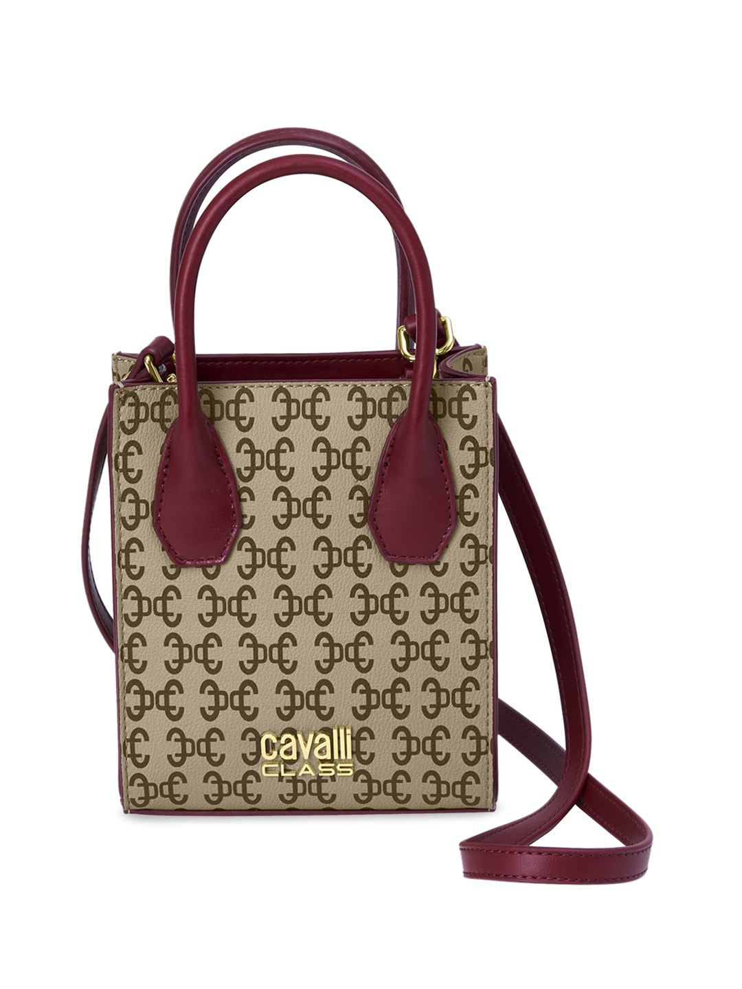

Cavalli Class Printed Structured Handheld Bag with Cut Work, Burgundy