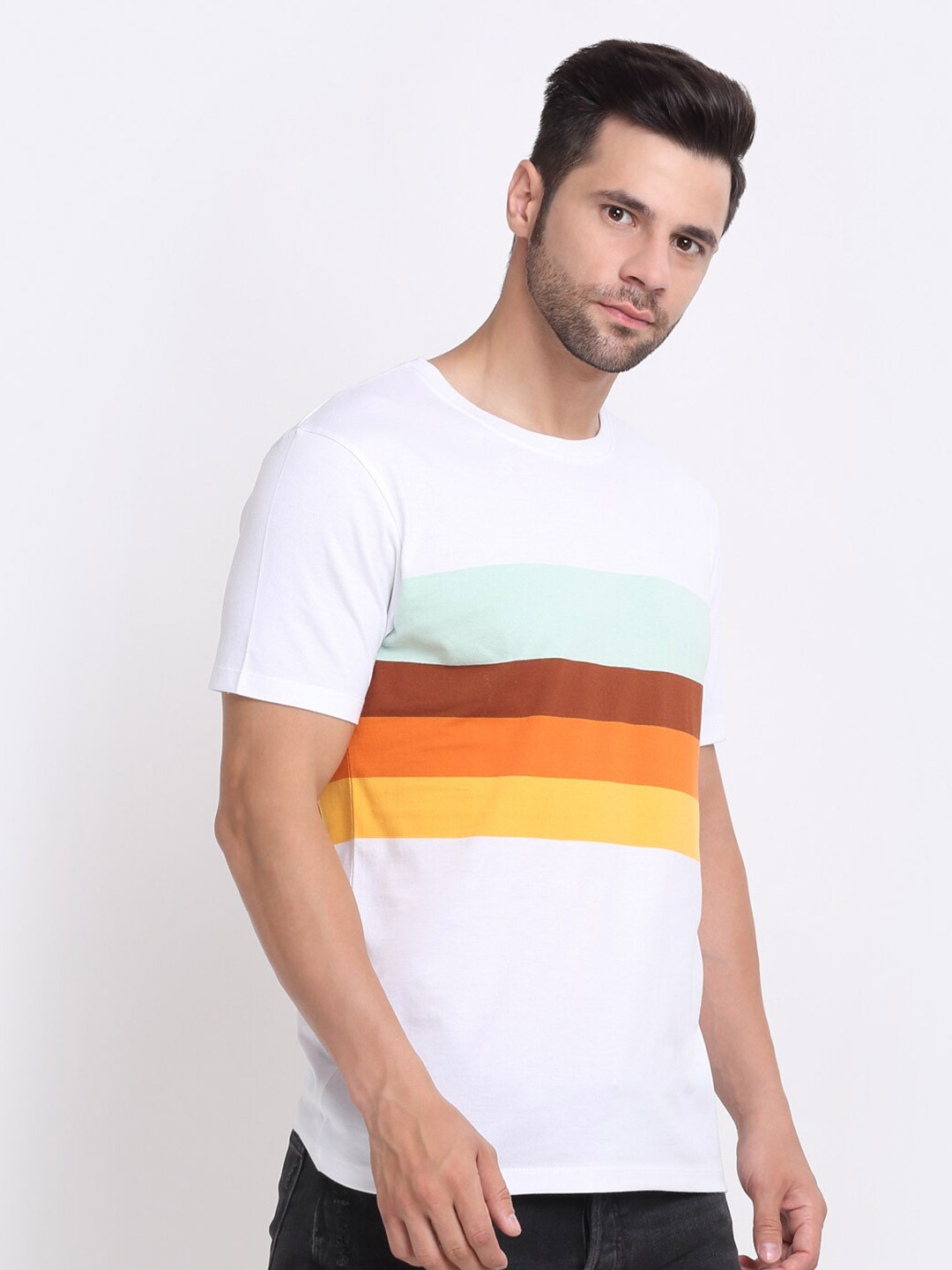 

HARBOR N BAY Striped Round Neck Cotton T-shirt, White