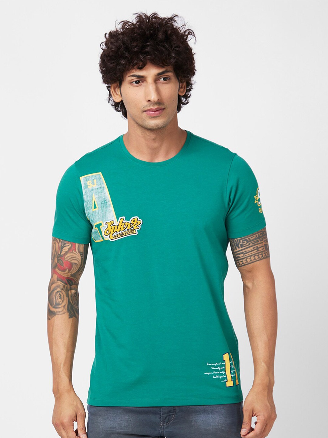 

SPYKAR Typography Printed Slim Fit T-shirt, Green