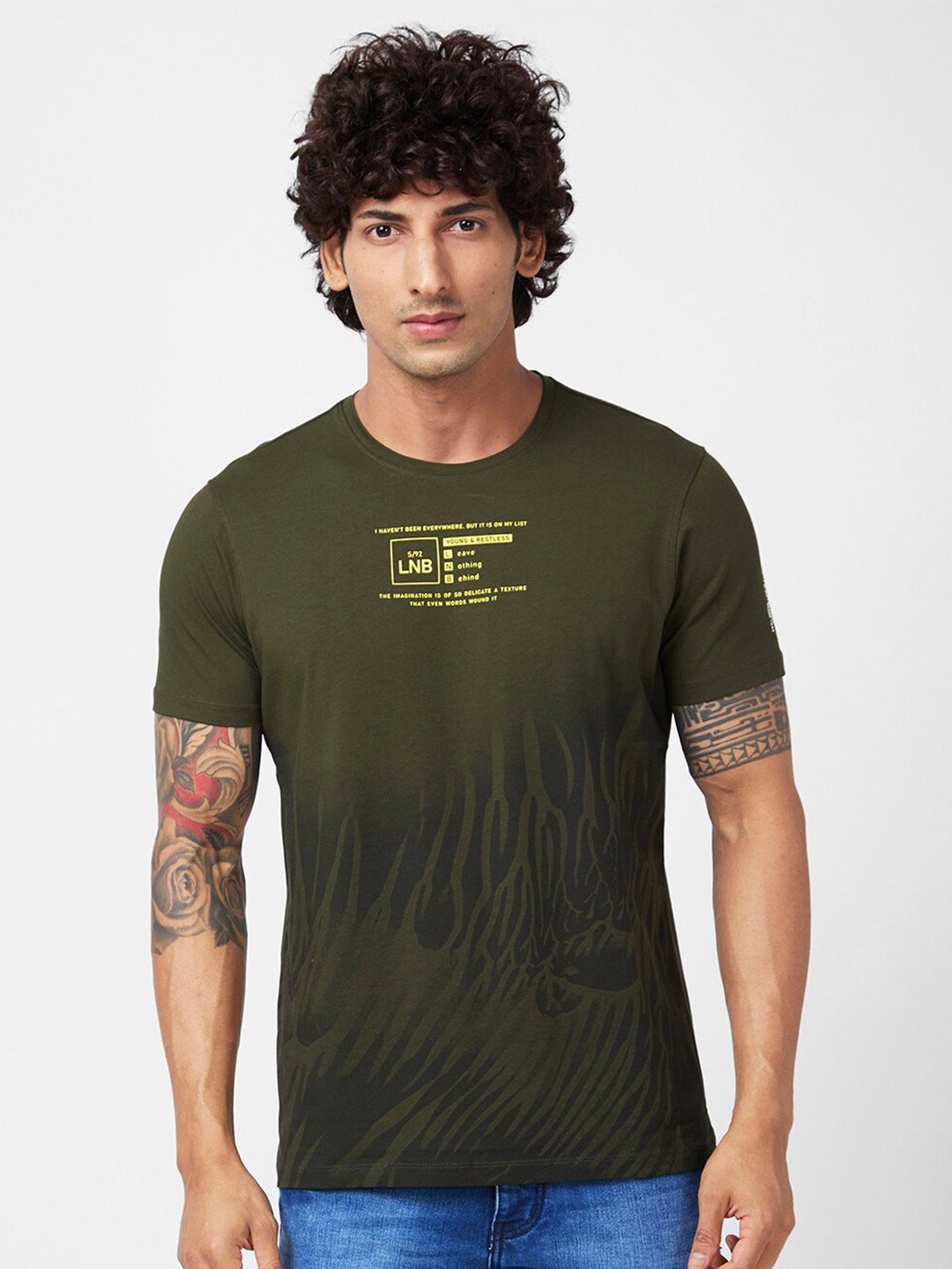 

SPYKAR Typography Printed Slim Fit T-shirt, Olive