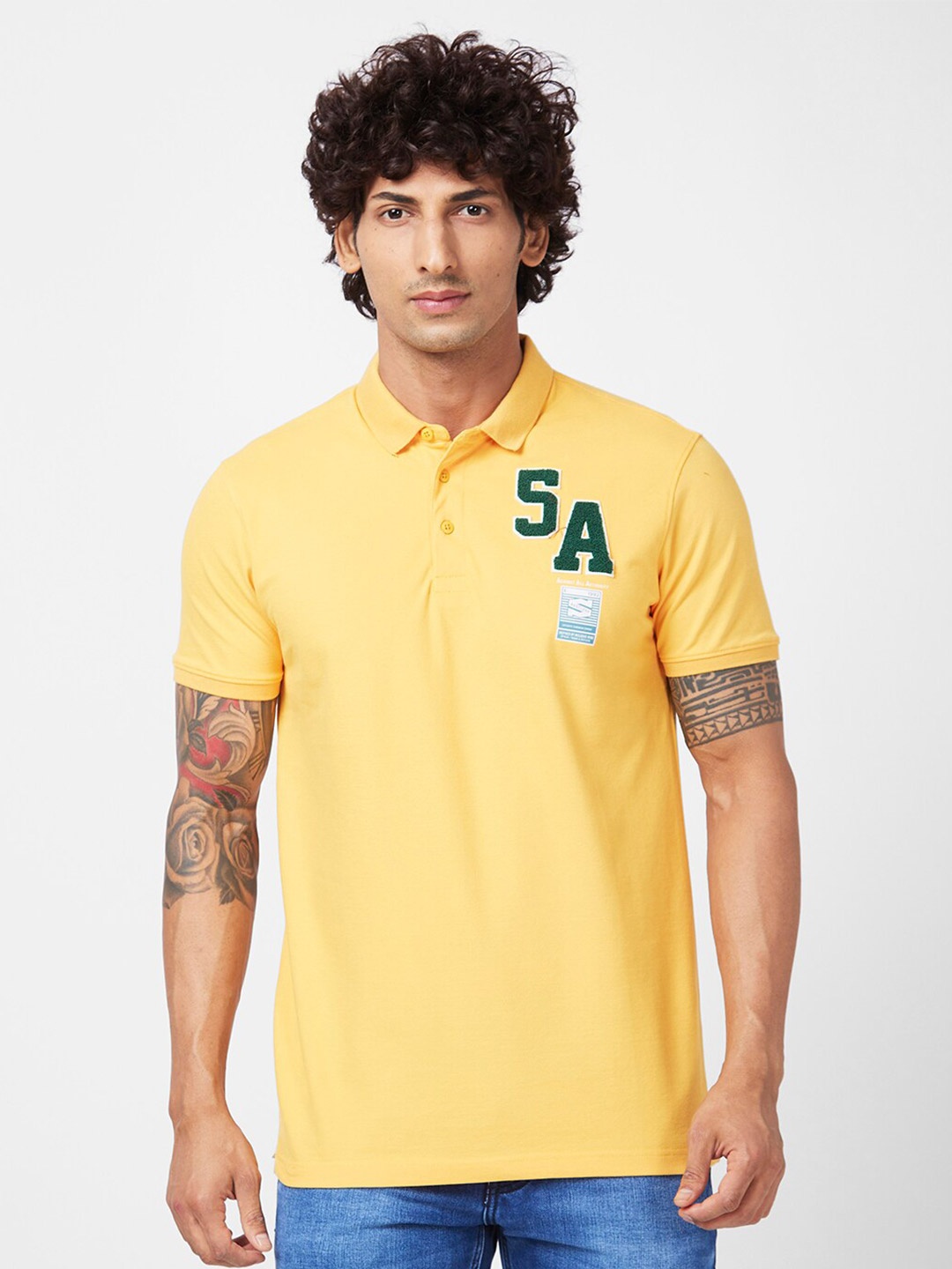 

SPYKAR Typography Embroidered Slim Fit Polo Collar T-shirt, Yellow