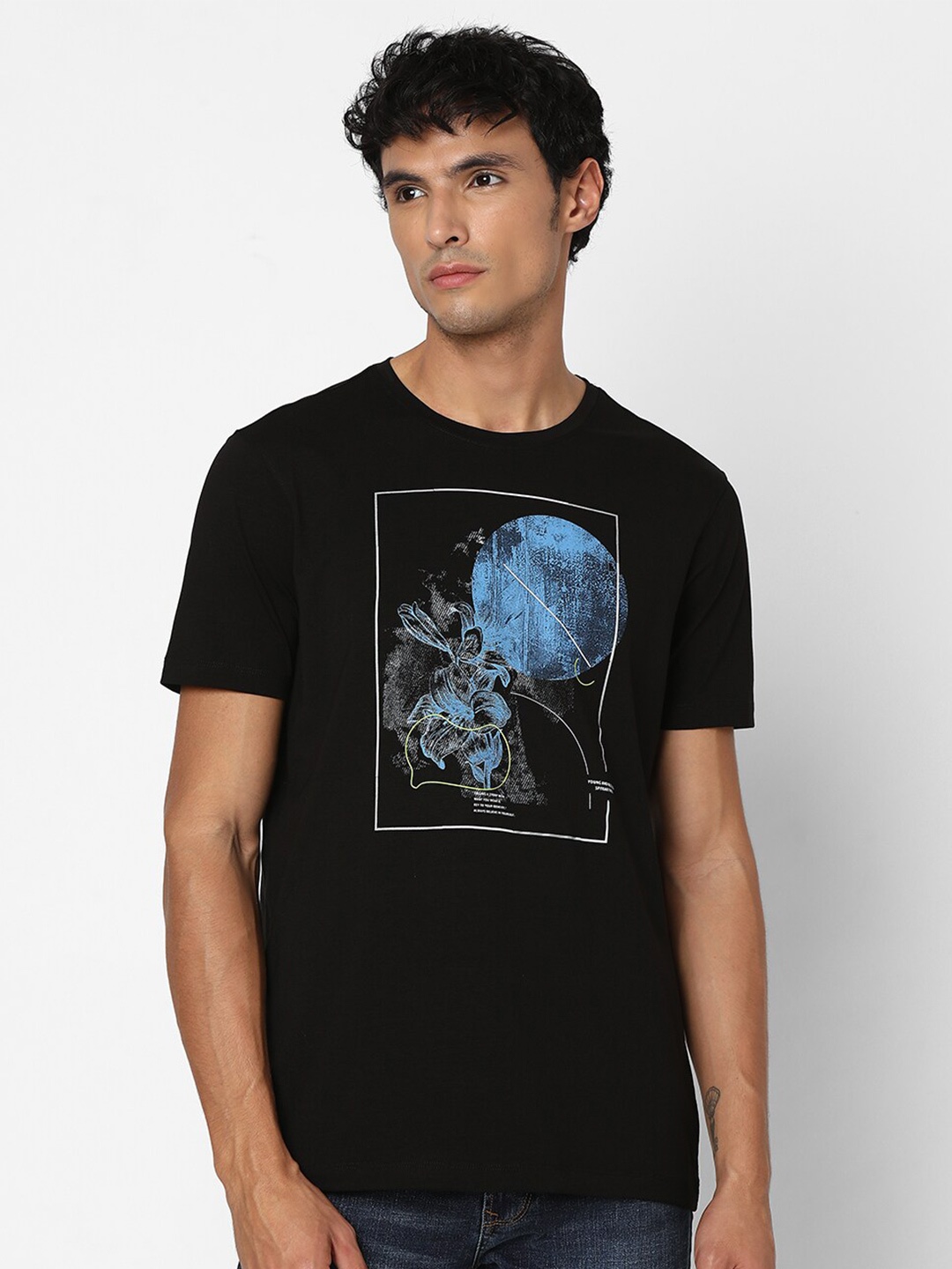 

SPYKAR Graphic Printed Slim Fit Cotton T-shirt, Black