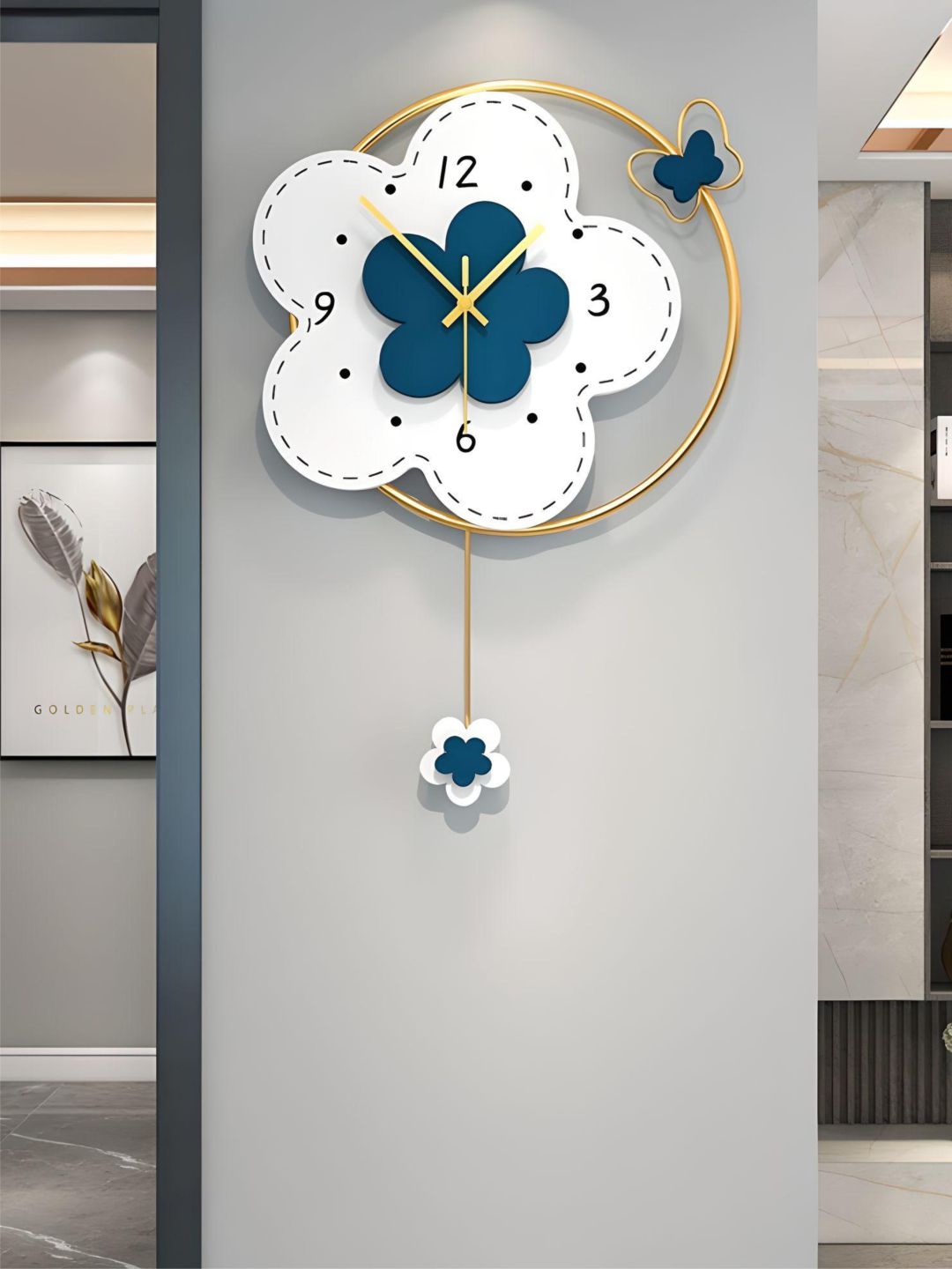 

The Art House White & Blue Floral Shaped Contemporary Wall Clock