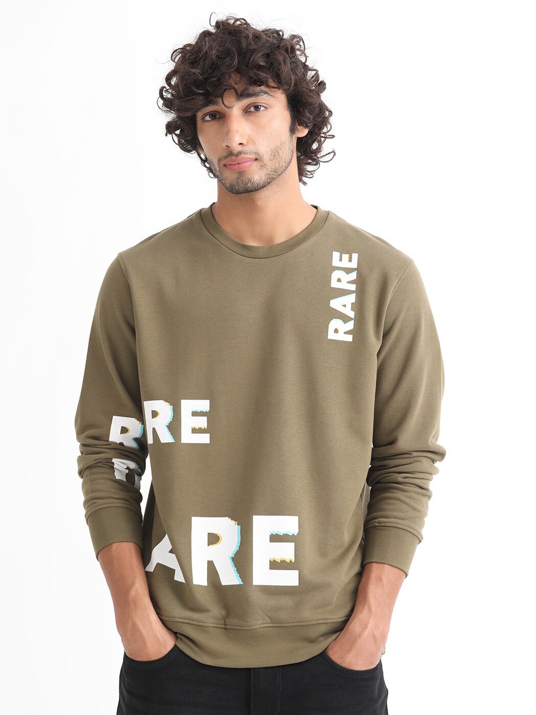 

RARE RABBIT Men Cloviss Typography Printed Sweatshirt, Olive