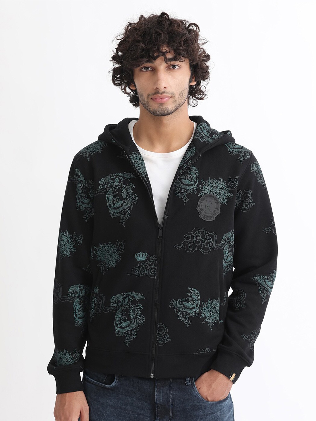 

RARE RABBIT Men Santo Printed Hooded Sweatshirt, Black