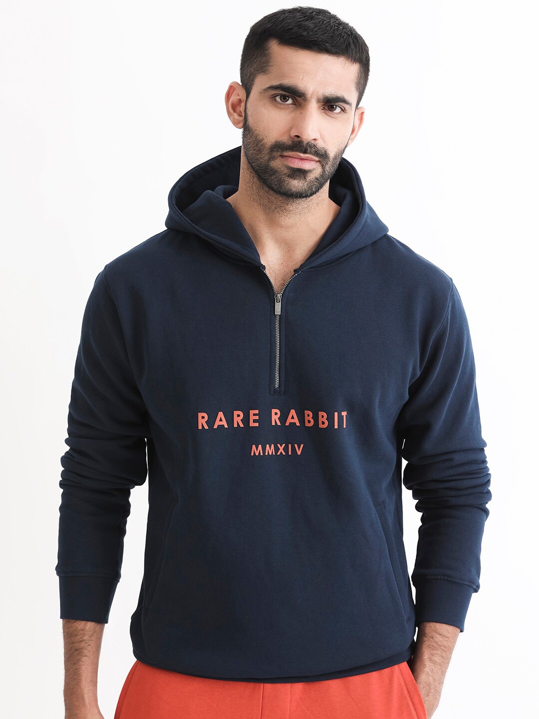 

RARE RABBIT Men Lorall Typograohy Printed Hooded Sweatshirt, Navy blue