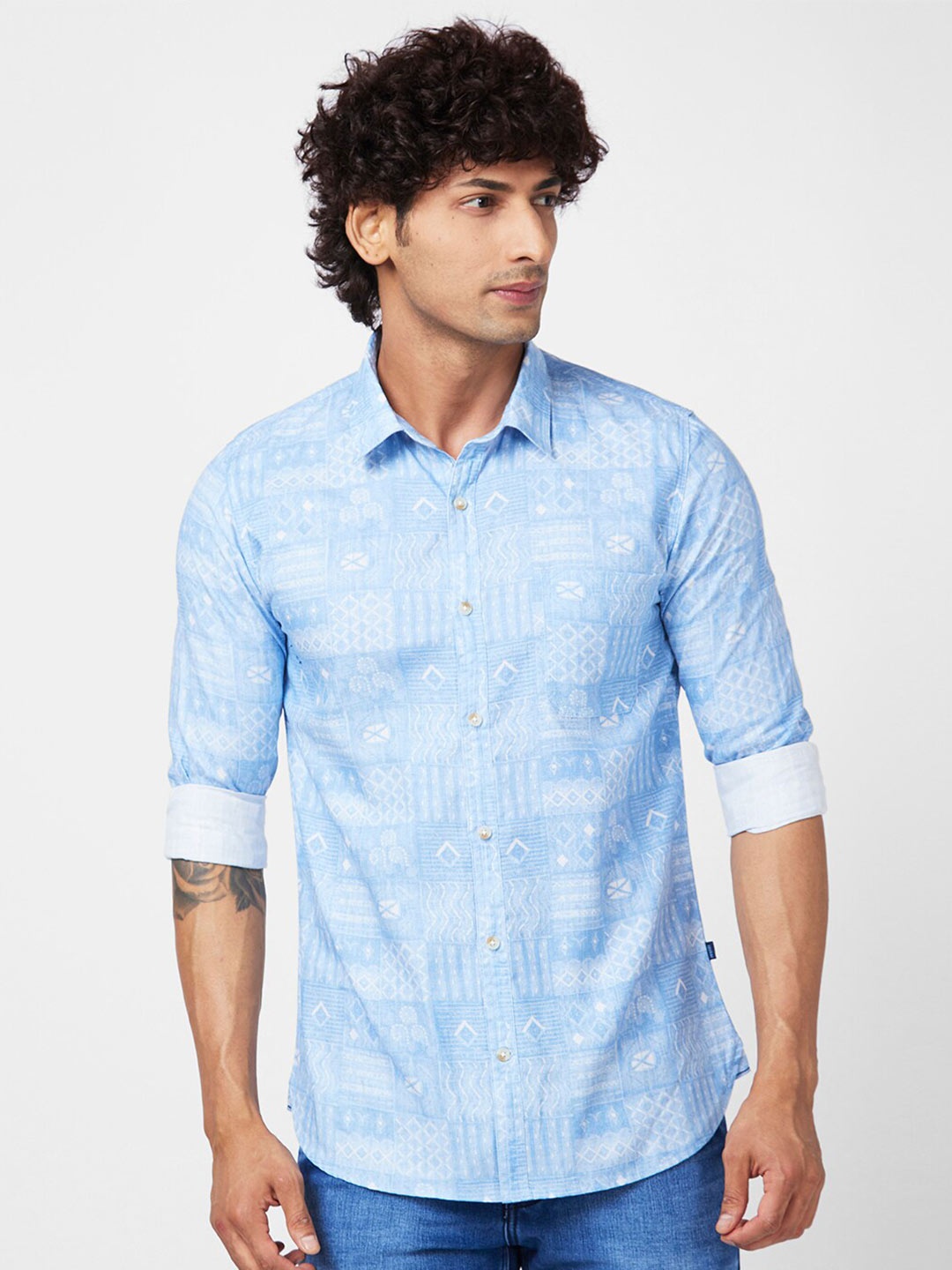 

SPYKAR Slim Fit Ethnic Motif Printed Cotton Casual Shirt, Blue