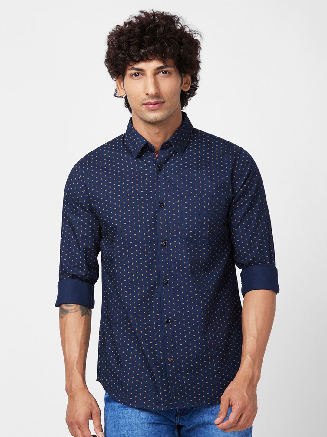 

SPYKAR Slim Fit Micro Ditsy Printed Cotton Casual Shirt, Blue