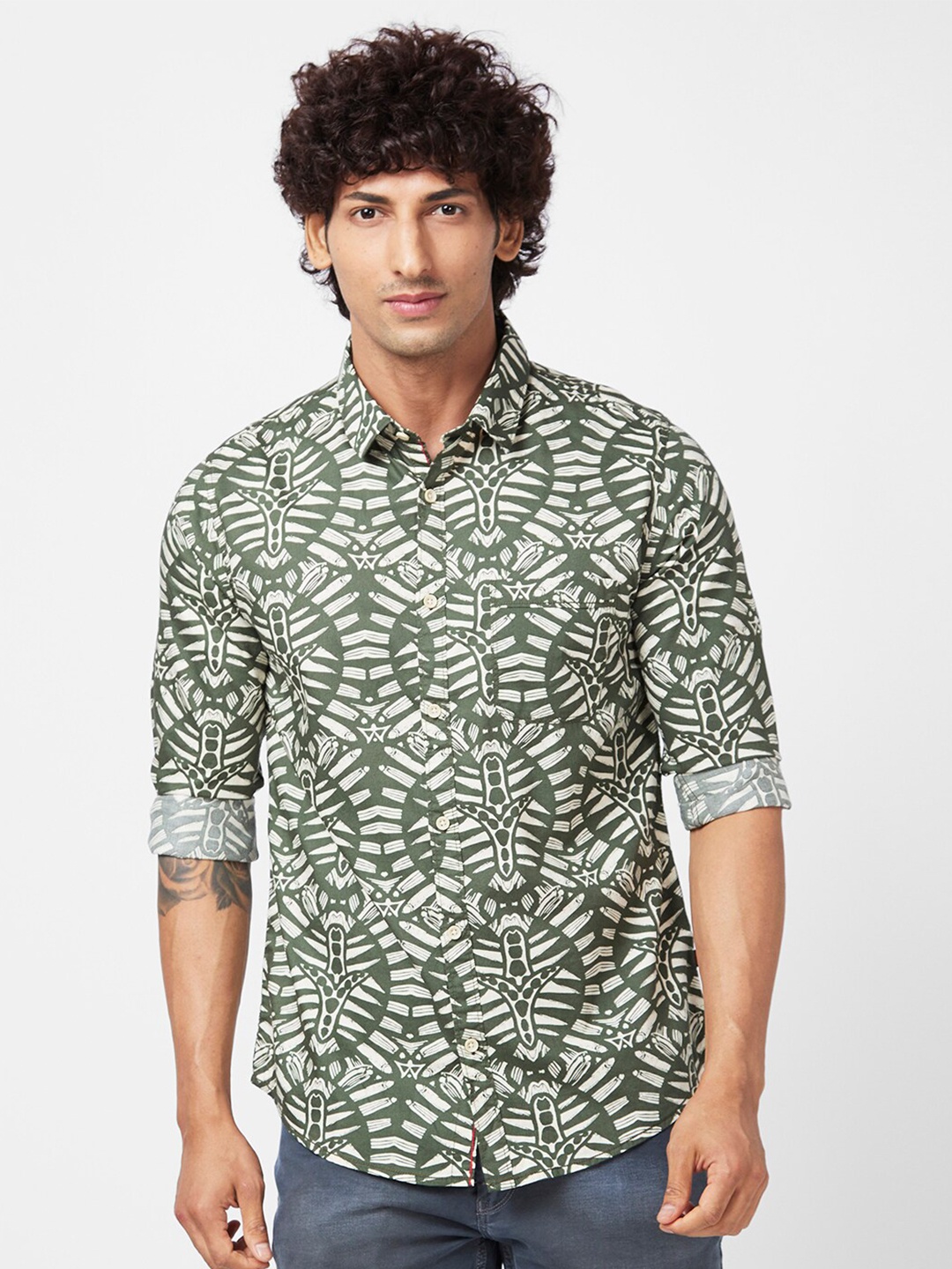 

SPYKAR Men Slim Fit Printed Cotton Casual Shirt, Green