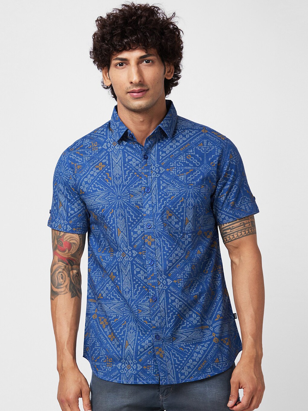

SPYKAR Men Slim Fit Printed Cotton Casual Shirt, Blue