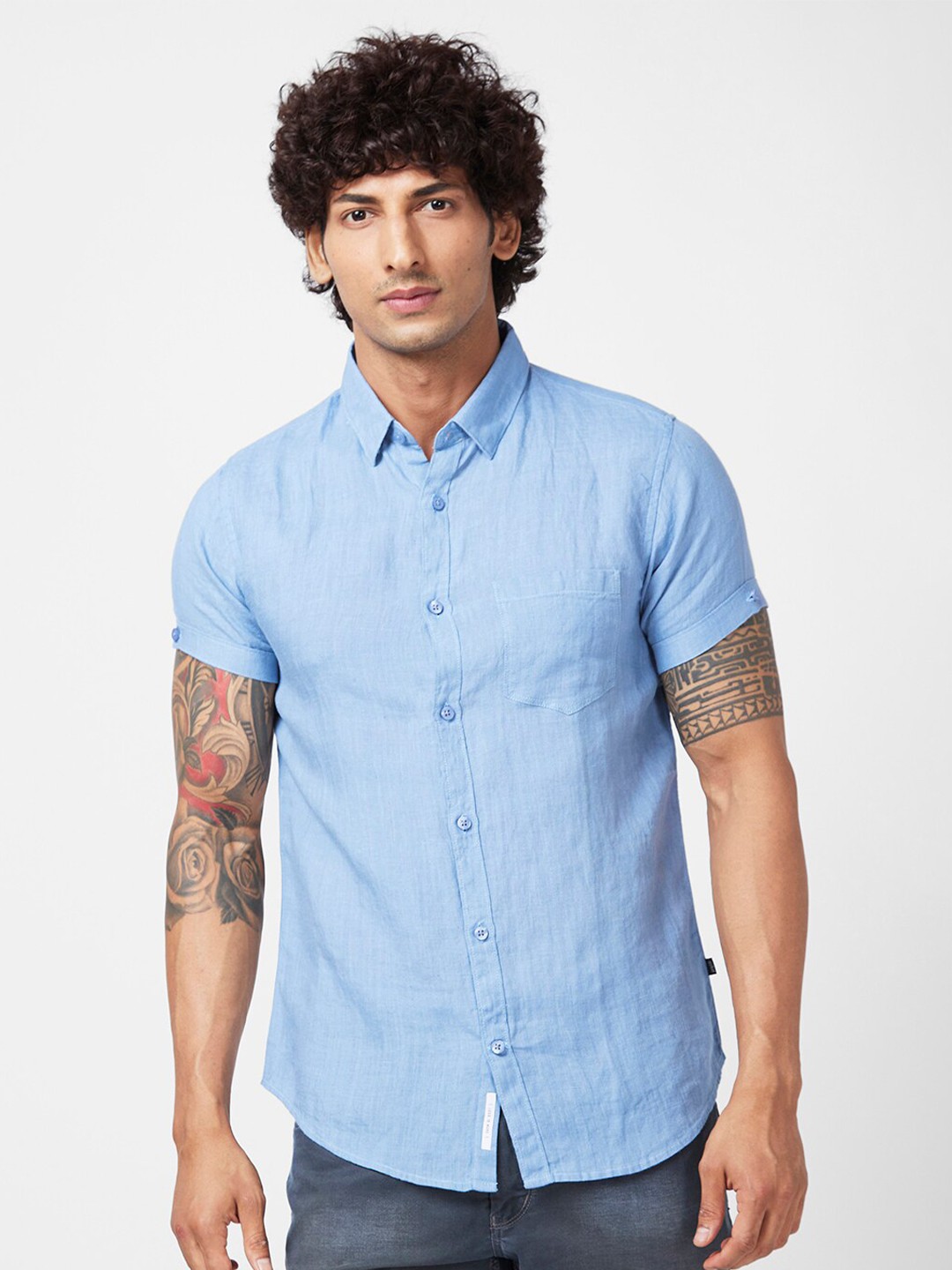 

SPYKAR Slim Fit Opaque Linen Casual Shirt, Blue