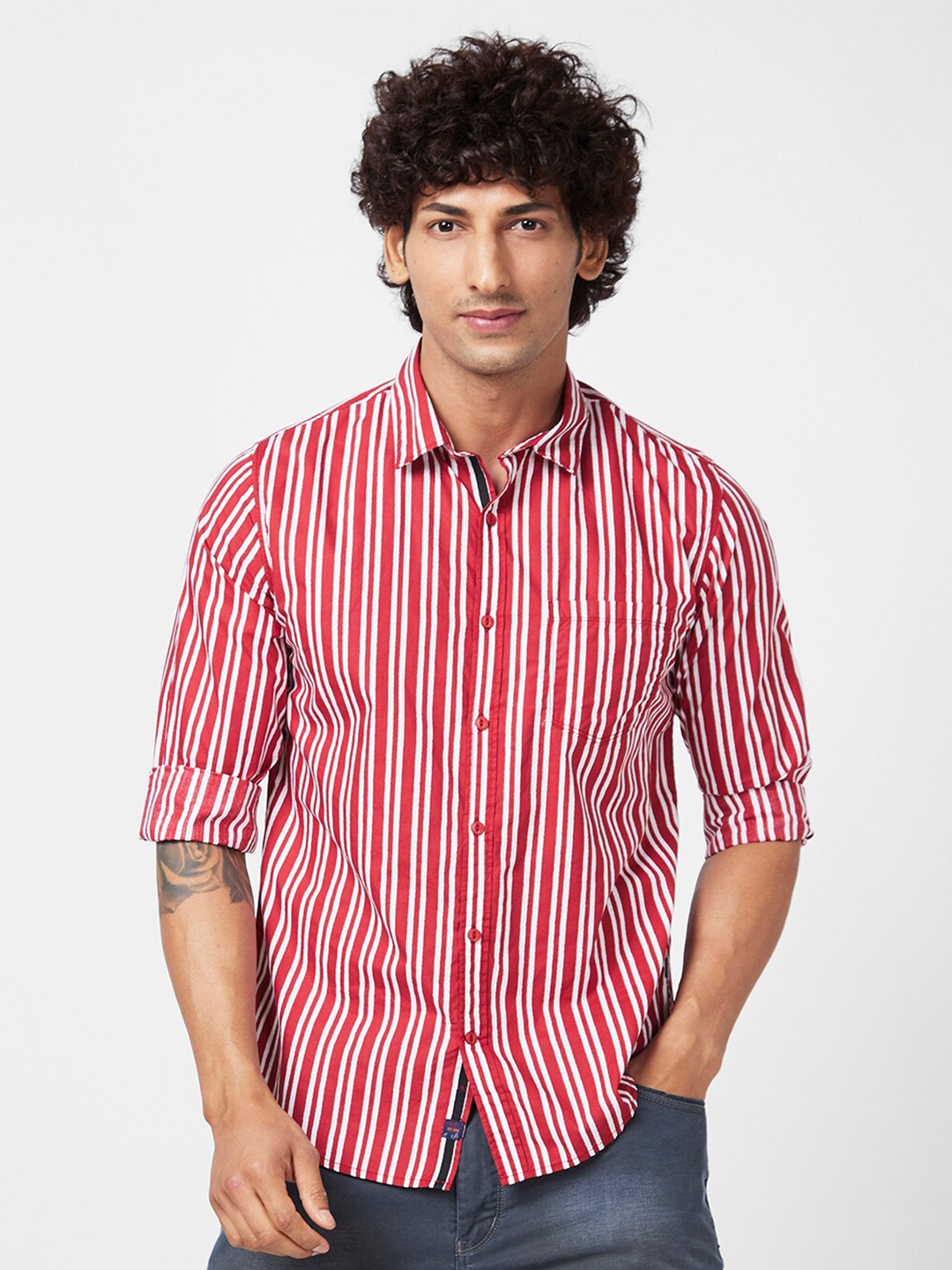 

SPYKAR Slim Fit Striped Cotton Casual Shirt, Red