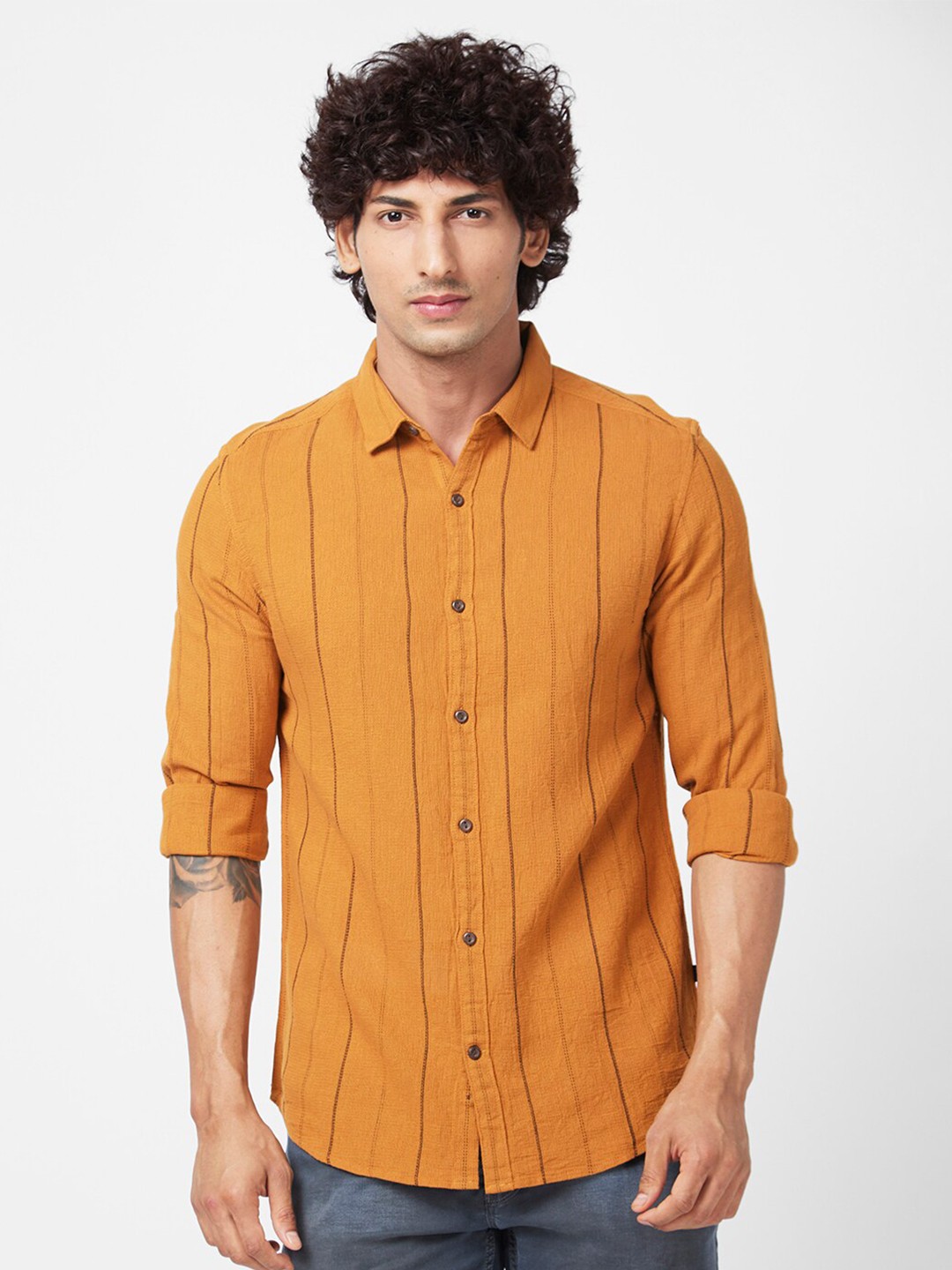 

SPYKAR Slim Fit Striped Cotton Casual Shirt, Yellow