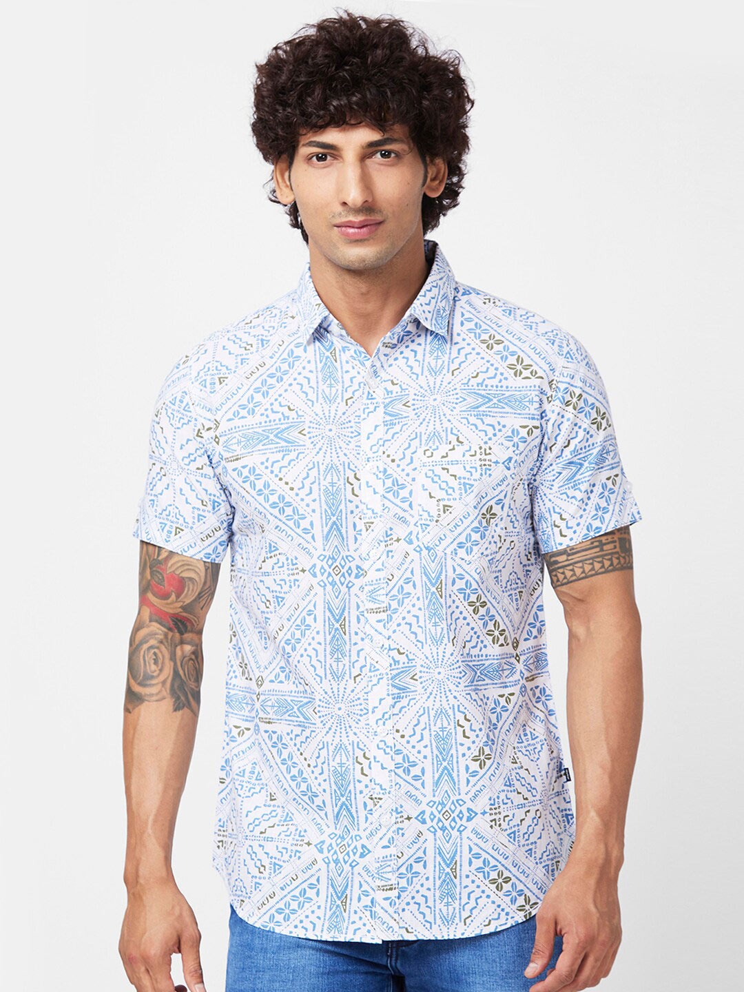

SPYKAR Slim Fit Floral Ethnic Motif Printed cotton Casual Shirt, White