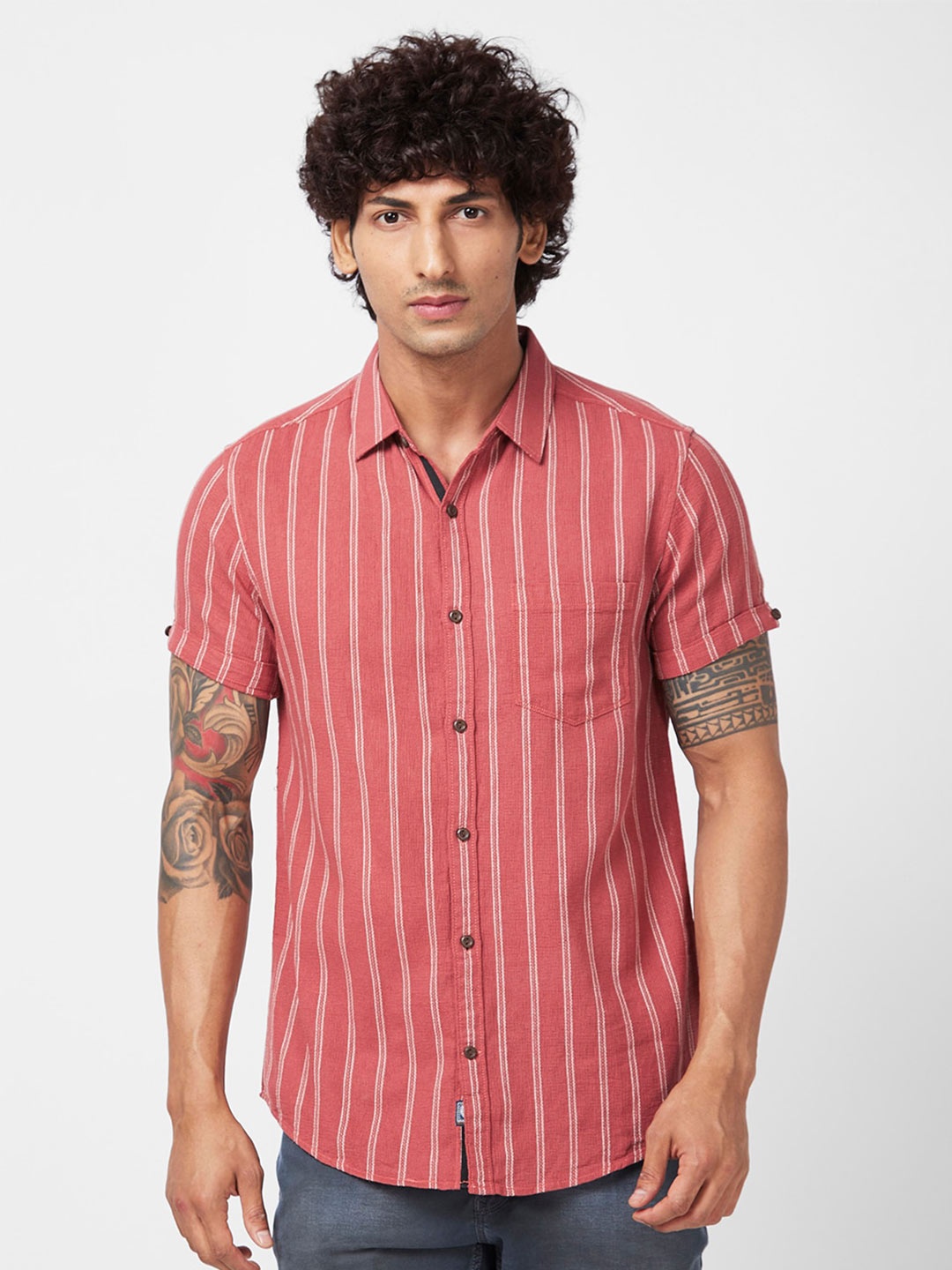 

SPYKAR Slim Fit Striped Cotton Casual Shirt, Pink