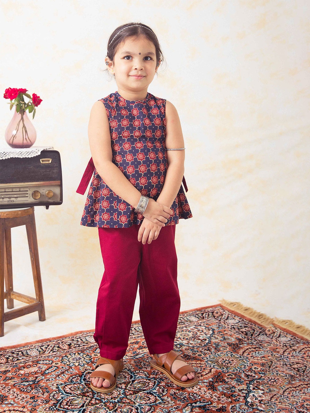 

Tiber Taber Girls Ethnic Motifs Printed Pure Cotton Top With Trousers, Blue