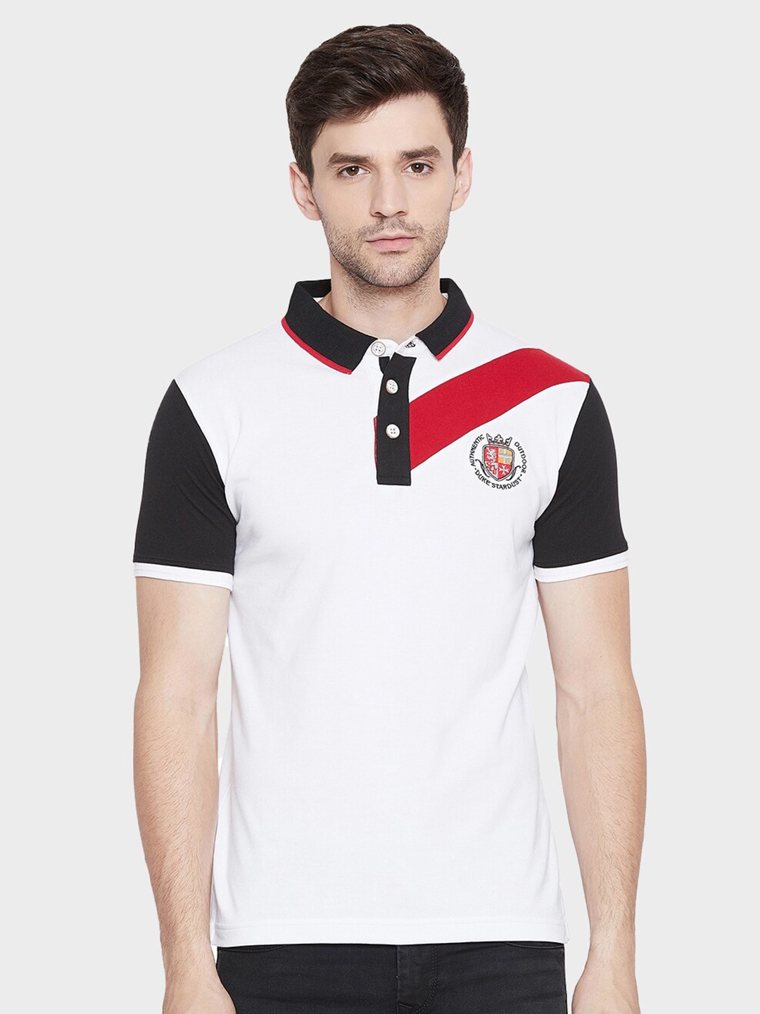 

Duke Polo Collar Colourblocked Slim Fit Cotton T-shirt, White