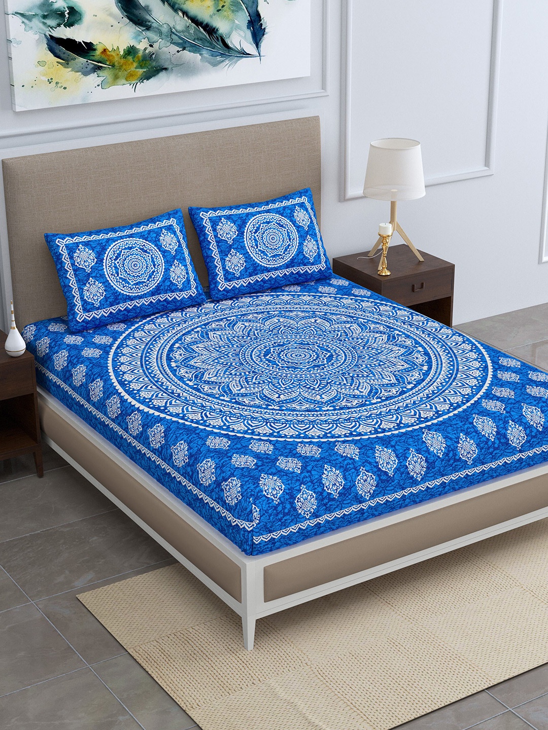 

SheetKart Blue & White Ethnic Motifs Polycotton 120 TC Queen Bedsheet With 2 Pillow Covers