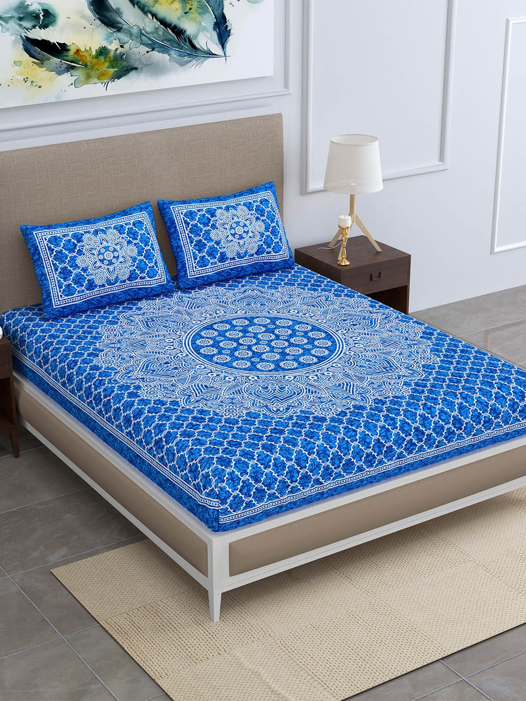 

SheetKart Blue & White Ethnic Motifs Polycotton 120 TC Queen Bedsheet With 2 Pillow Covers