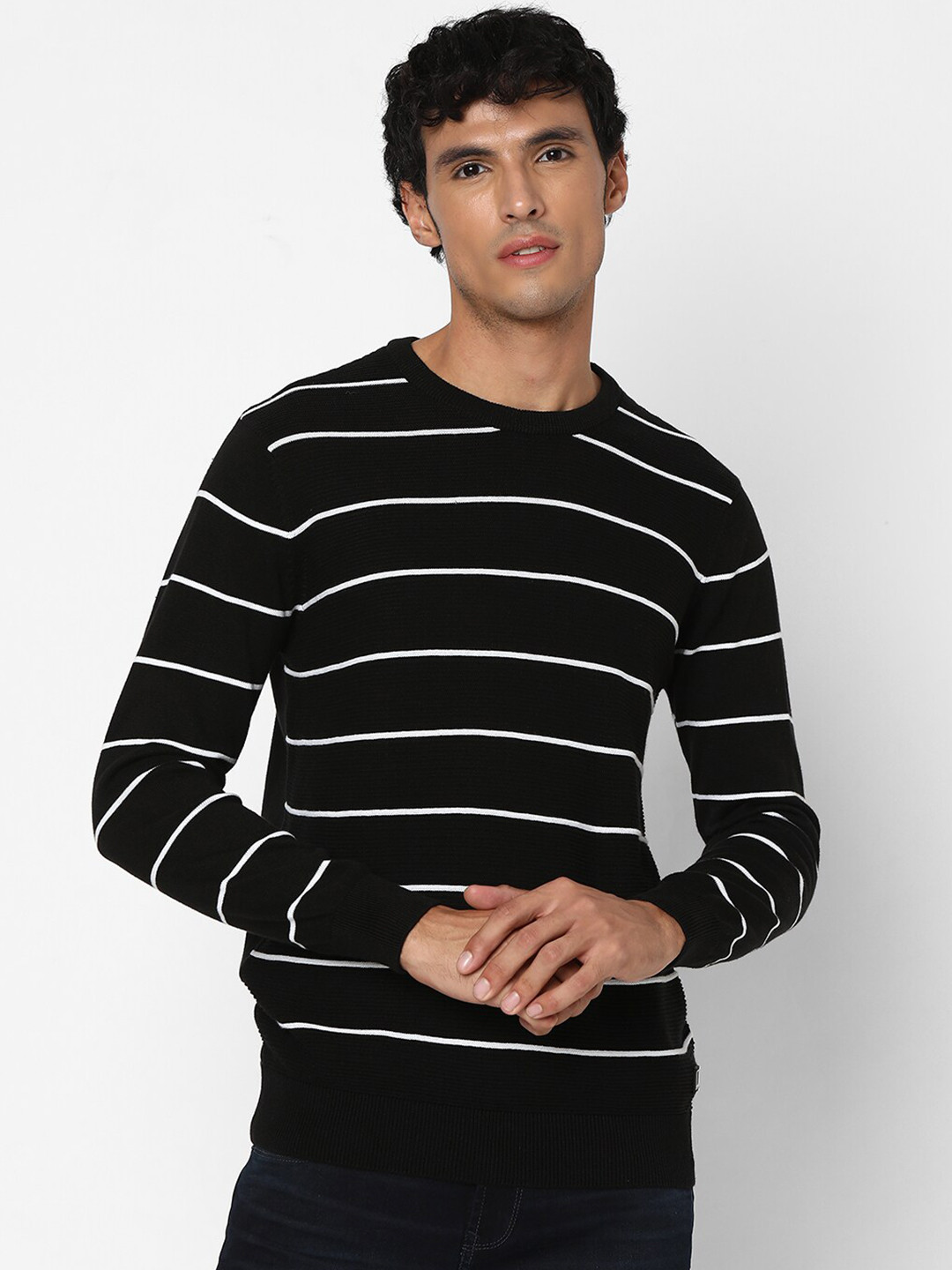 

SPYKAR Striped Round Neck Cotton Pullover, Black