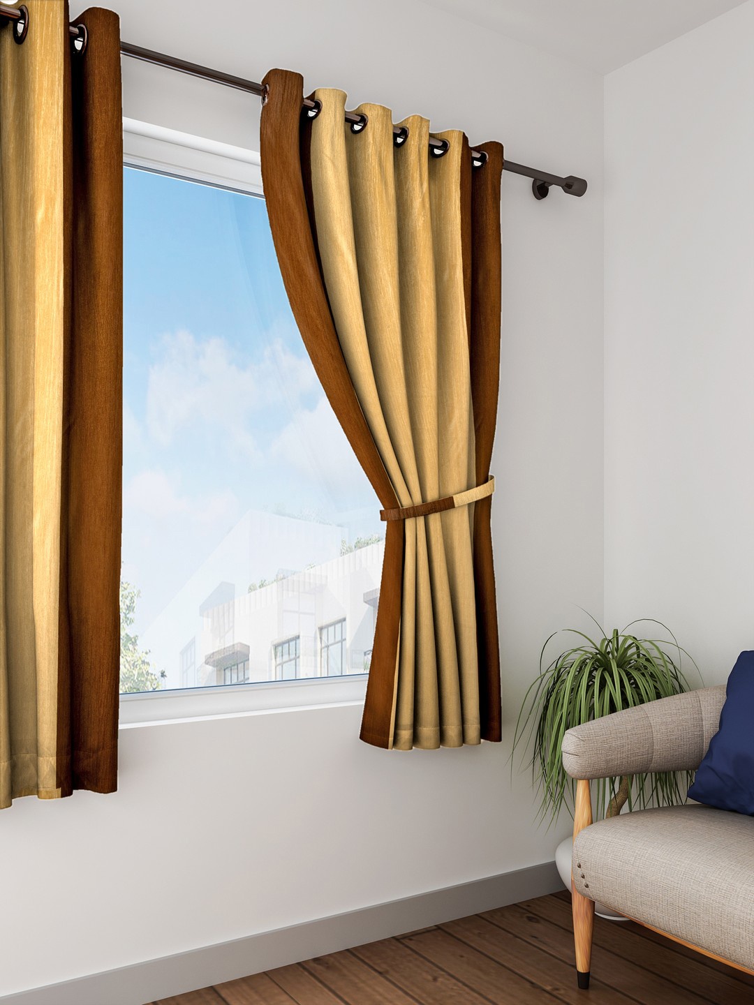 

HOUZZCODE Beige & Brown Set of Single Window Curtains