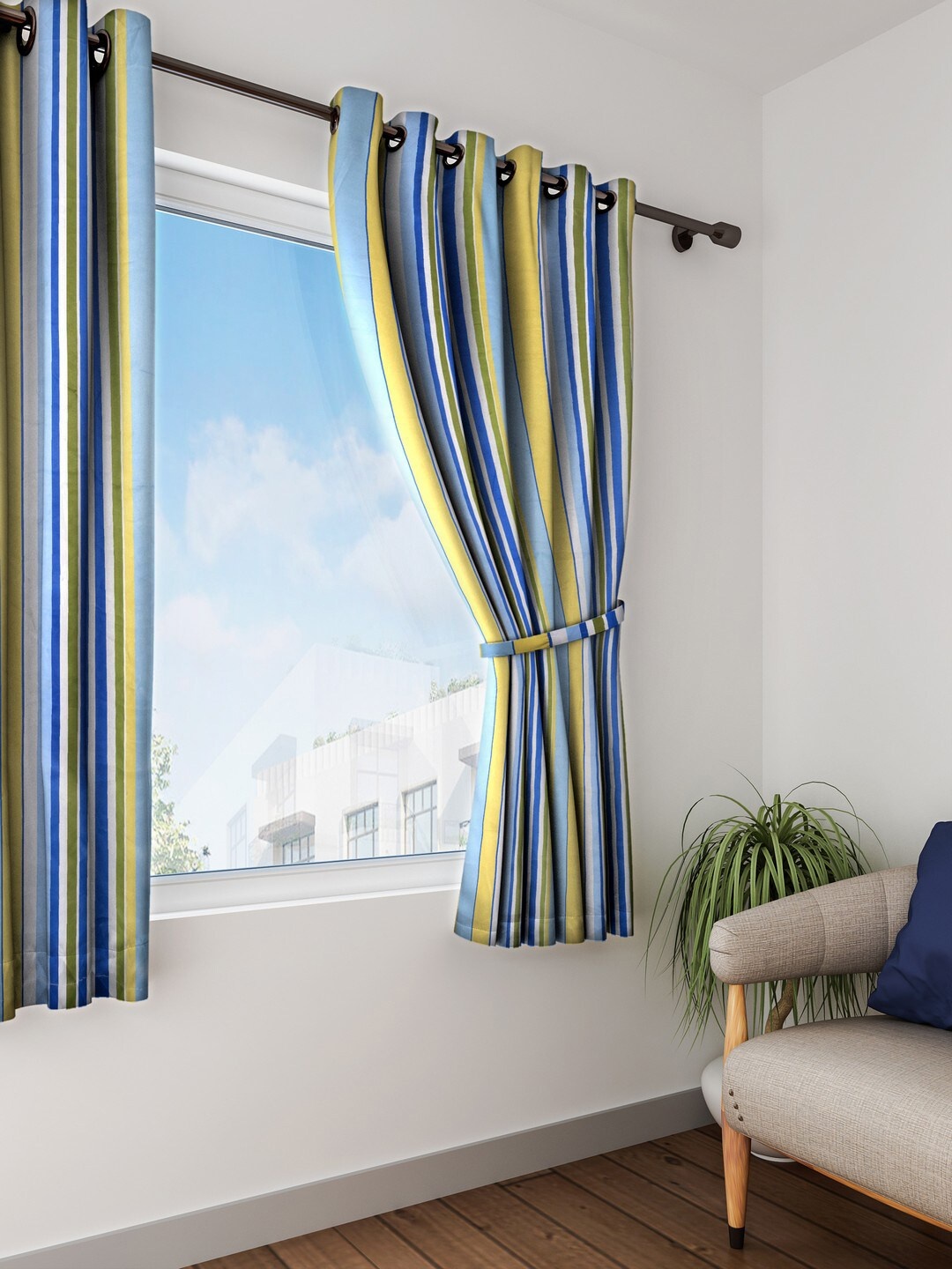 

HOUZZCODE Off-White & Blue Single Window Curtains