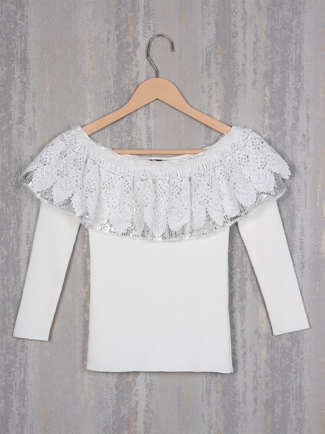 

Albion Girls Boat Neck Lace Inserts Georgette Ribbed Top, White