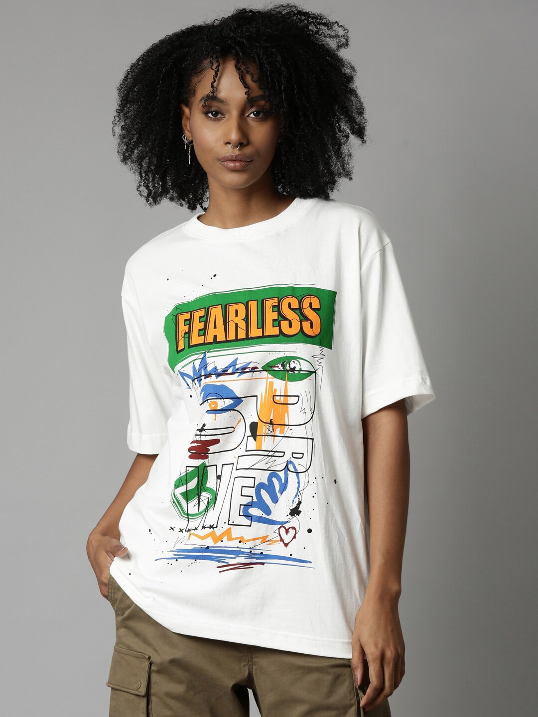 

Breakbounce Typography Printed Relaxed Fit Drop-Shoulder Cotton T-shirt, White