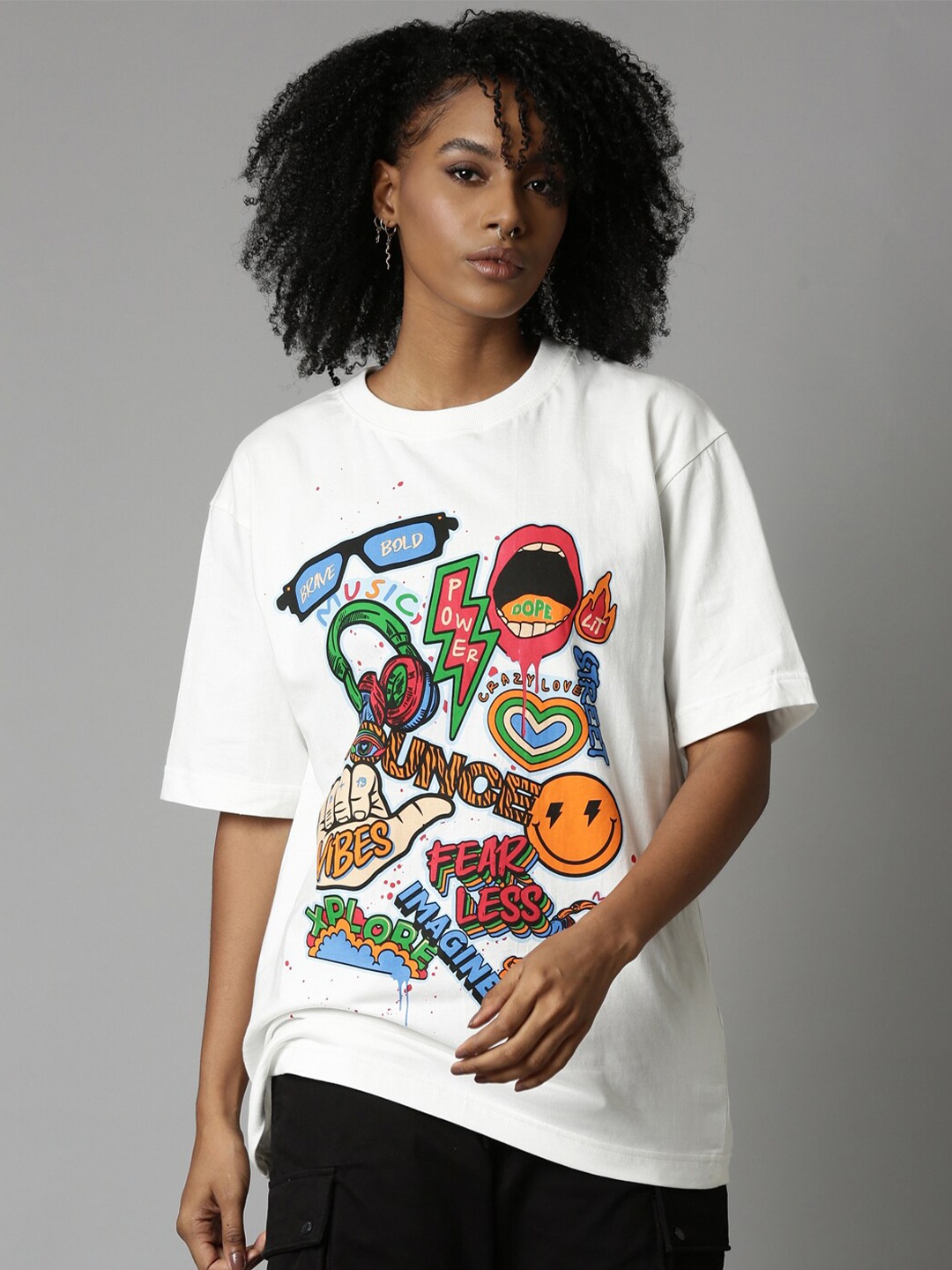 

Breakbounce Graphic Printed Relaxed Fit Drop-Shoulder Cotton T-shirt, White