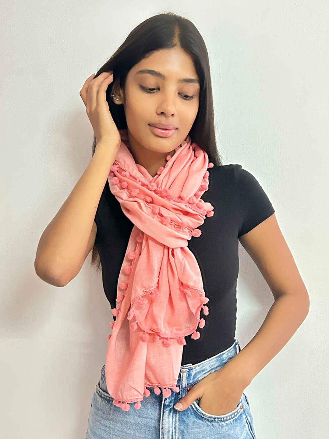 

Ayesha Pom Pom Border Scarf, Peach