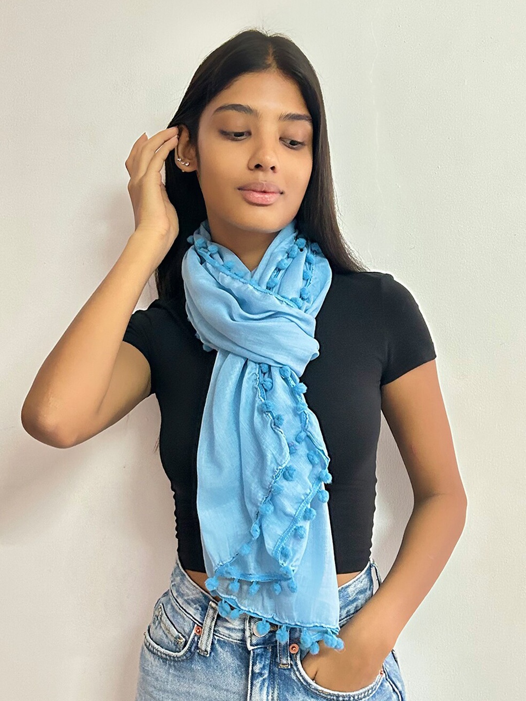 

Ayesha Pom Pom Border Scarf, Blue