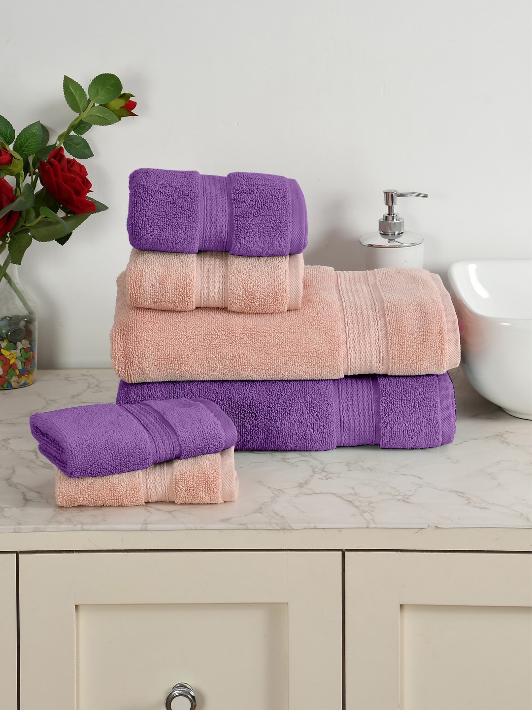 AVI Living Pink & Purple 6 Pieces 550 GSM Pure Cotton Towel Set