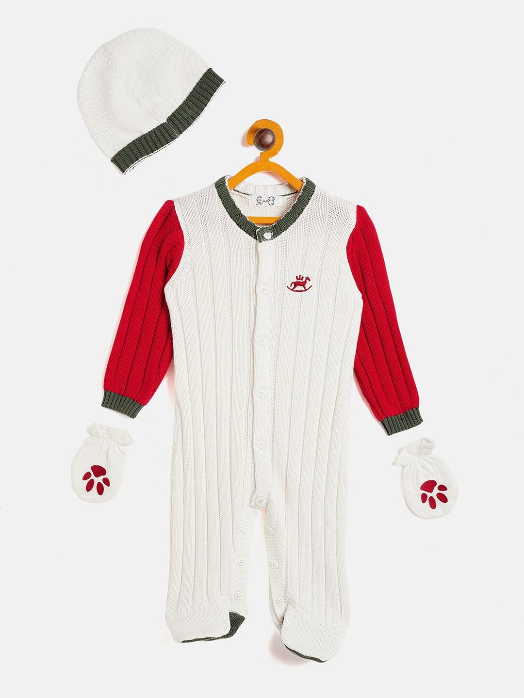 

JWAAQ Infants Unisex Full Sleeve Winter Pure Cotton Romper With Cap & Mittens, White