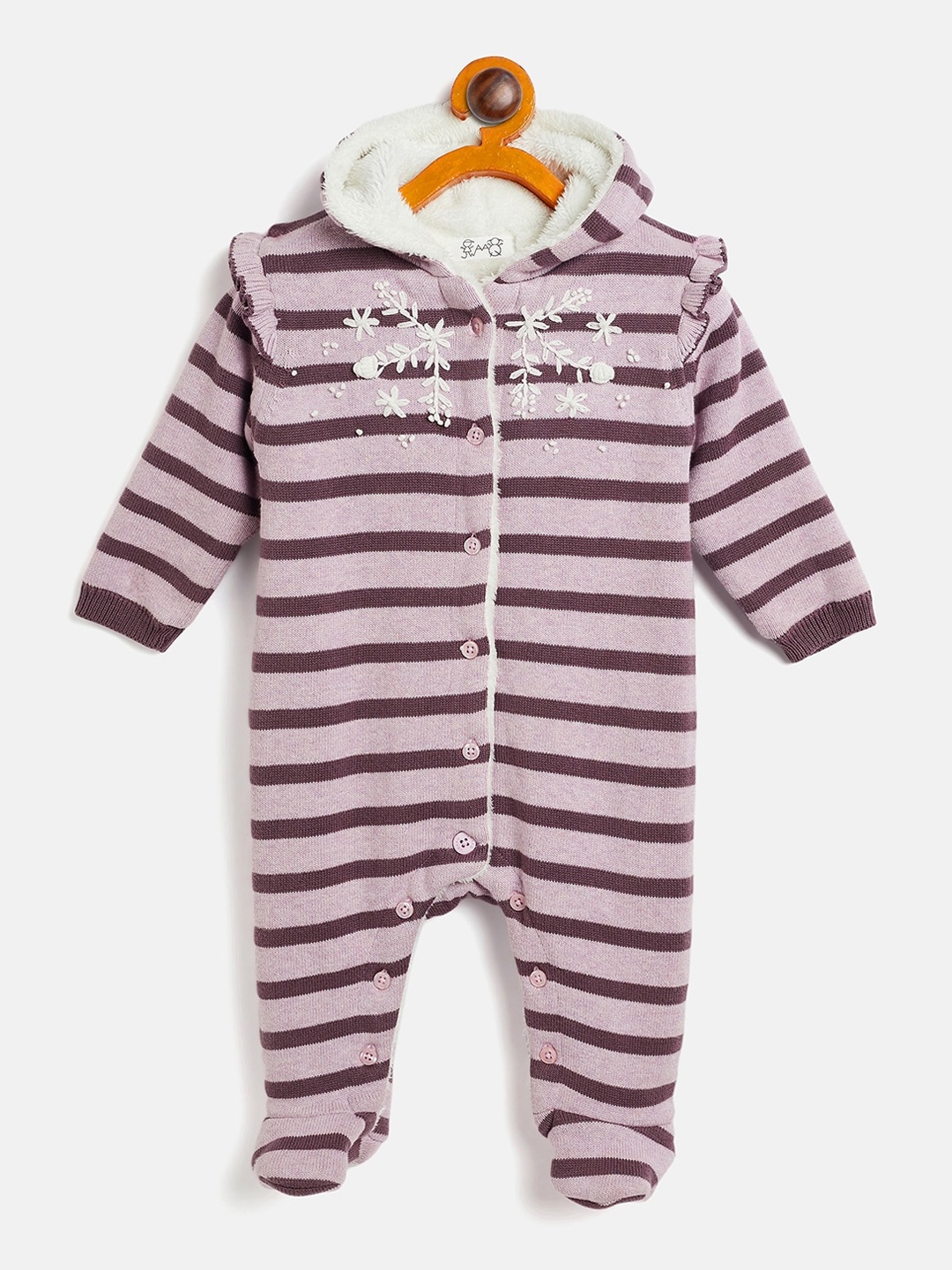 

JWAAQ Infants Girls Striped Cotton Hooded Sleepsuit, Purple