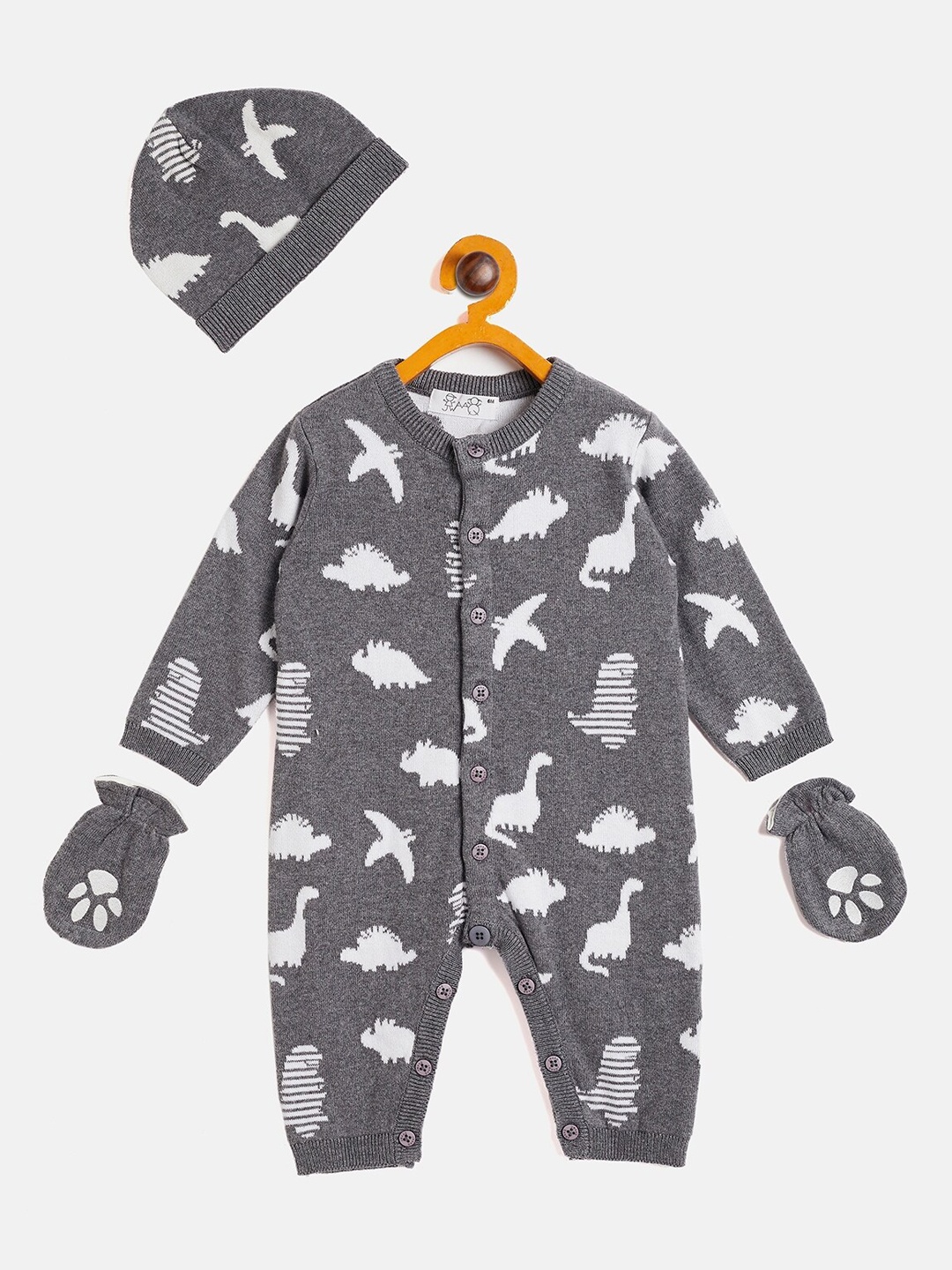 

JWAAQ Infants Printed Pure Cotton Rompers With Cap & Mittens, Grey